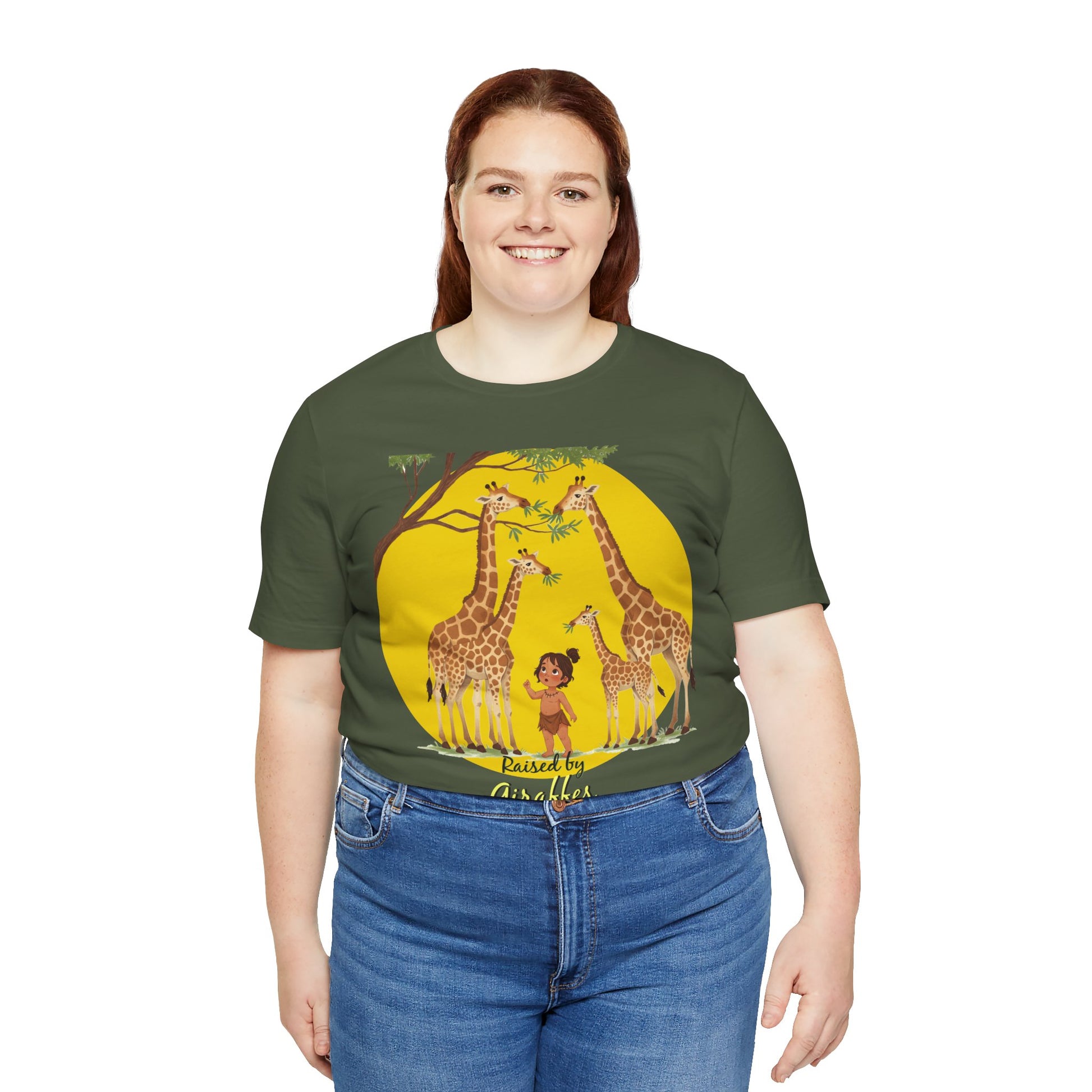 Raised by Giraffes Unisex T-Shirt - Funny Animal Lover Tee - Giraffe Lovers, Wildlife Enthusiasts (Female Character) - Schmartypants