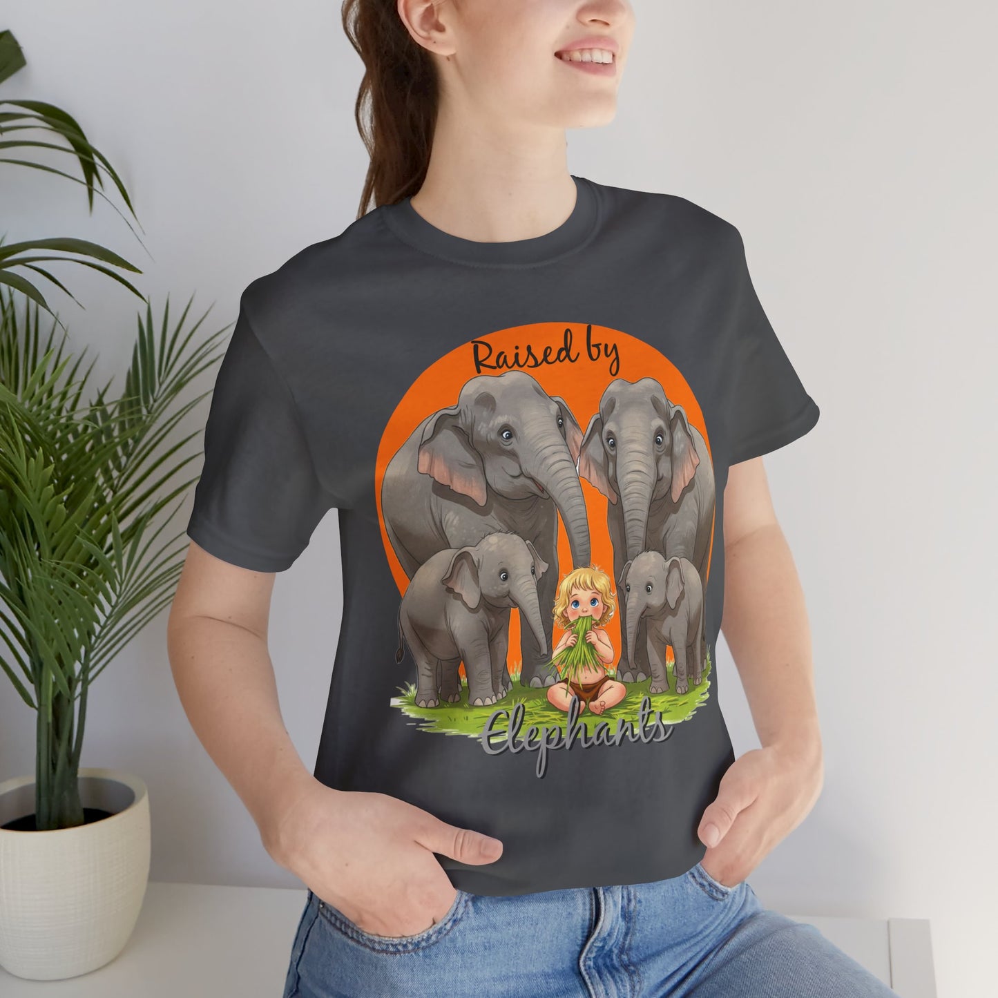 Funny Raised by Elephants Unisex Short Sleeve Tee - Perfect for Animal Lovers, Wildlife Fans (Women's Character version) - Schmartypants