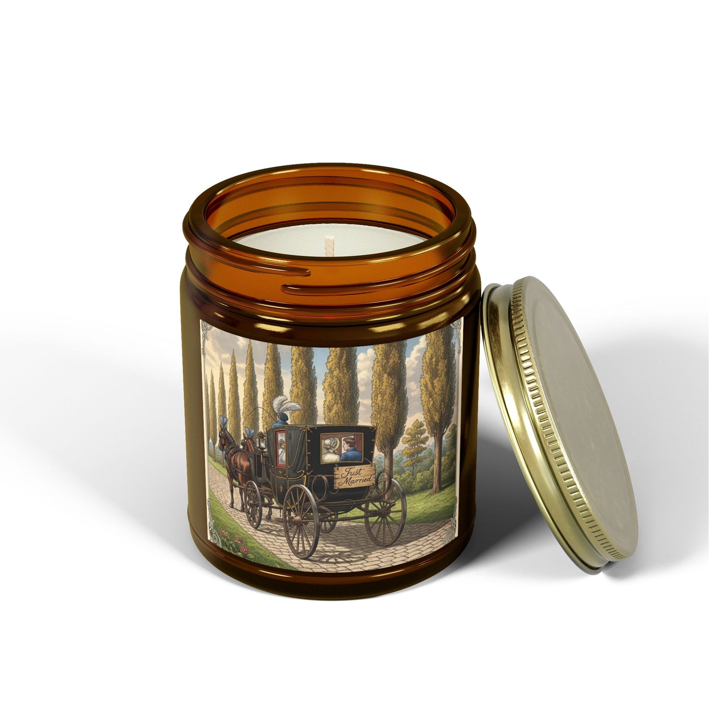Scented Candles, Elegant 'Just Married' Carriage Ride Wedding Reception Gift, Coconut Apricot Wax Candle, Swag Item for Special Occasion