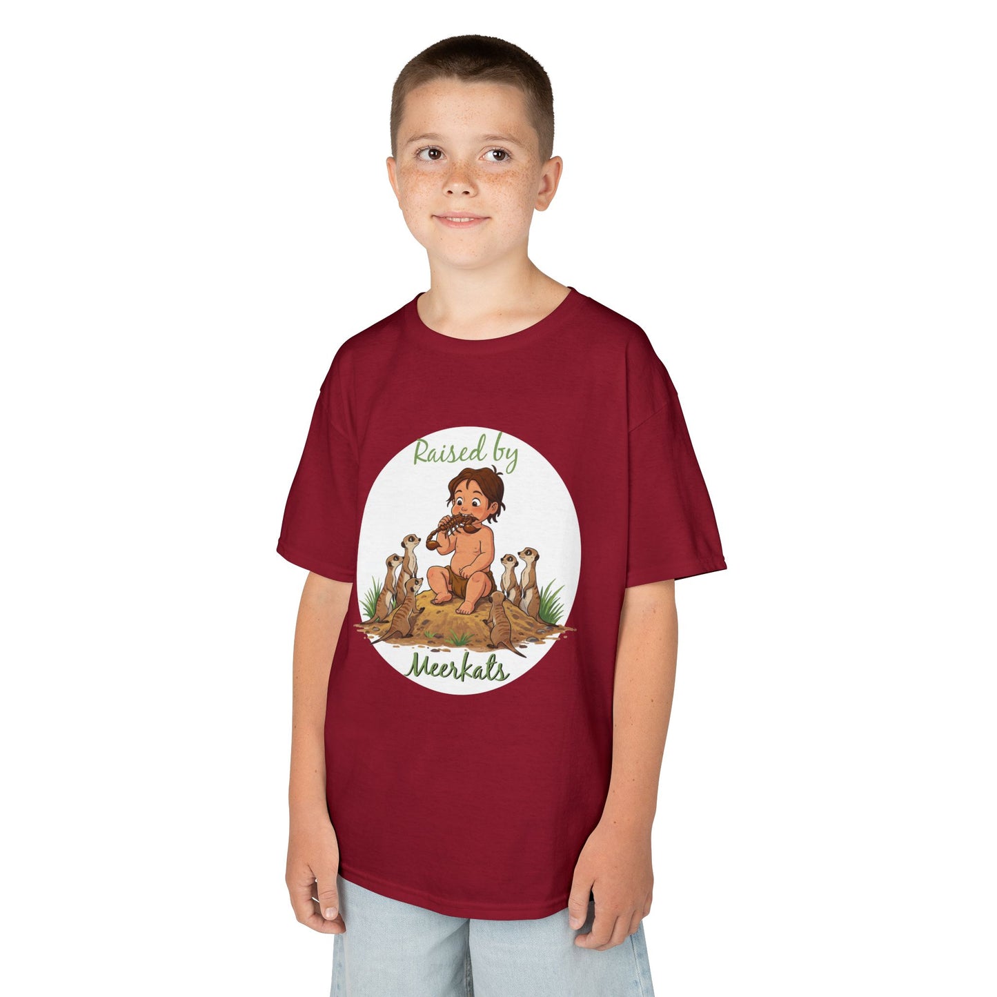 Kids Heavy Cotton™ Tee - Hilarious 'Raised by Meerkats' Design, Cute Animal Tee, Fun Kids T-Shirt, Playful Gift for Animal Lovers, Birthday or Holiday Outfit - Schmartypants