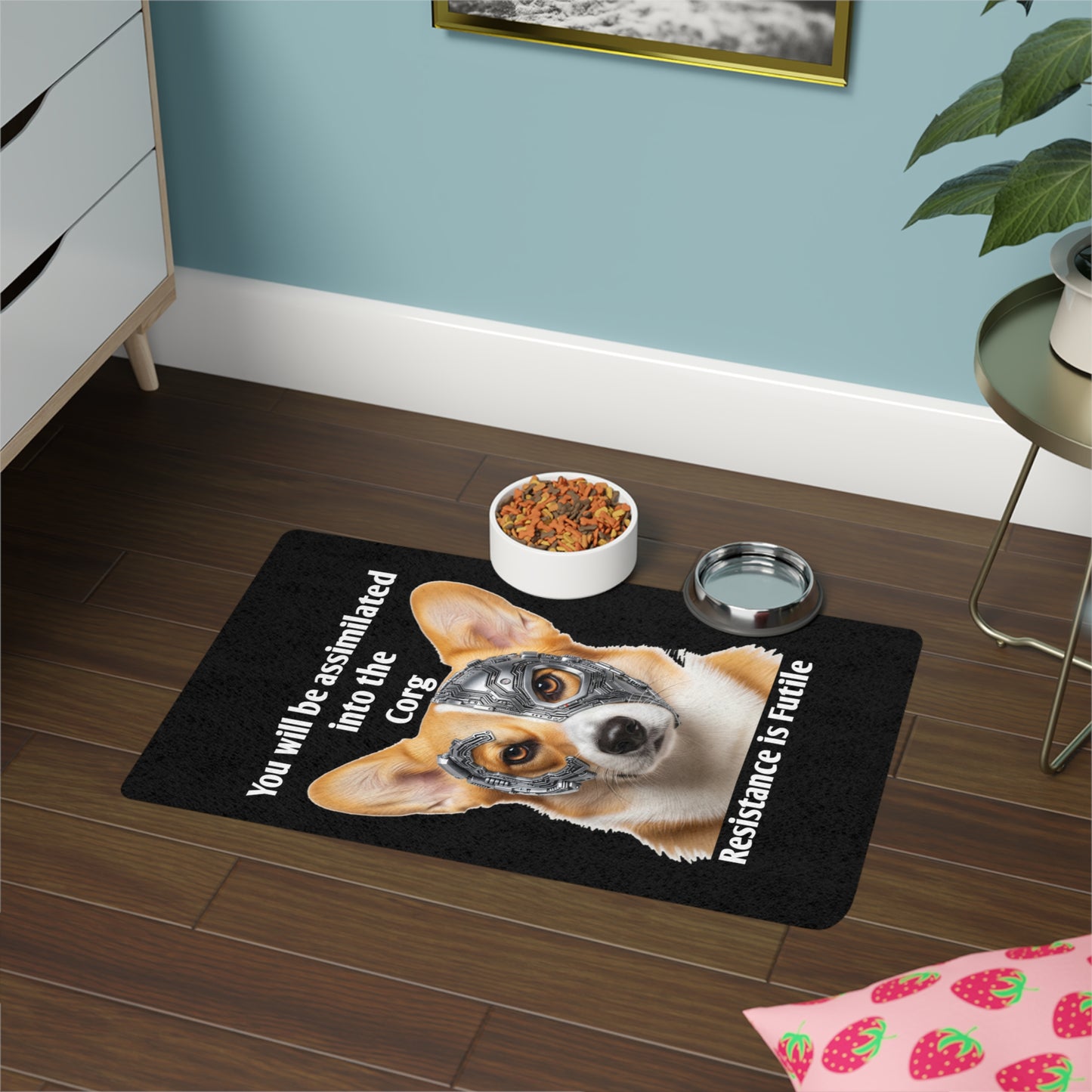 Funny Corgi Pet Food Mat, Resistance is Futile Trekkie Fan Dog Feeding Mat, Corgi Lover Gift, Kitchen Accessories, Animal Themed Decor