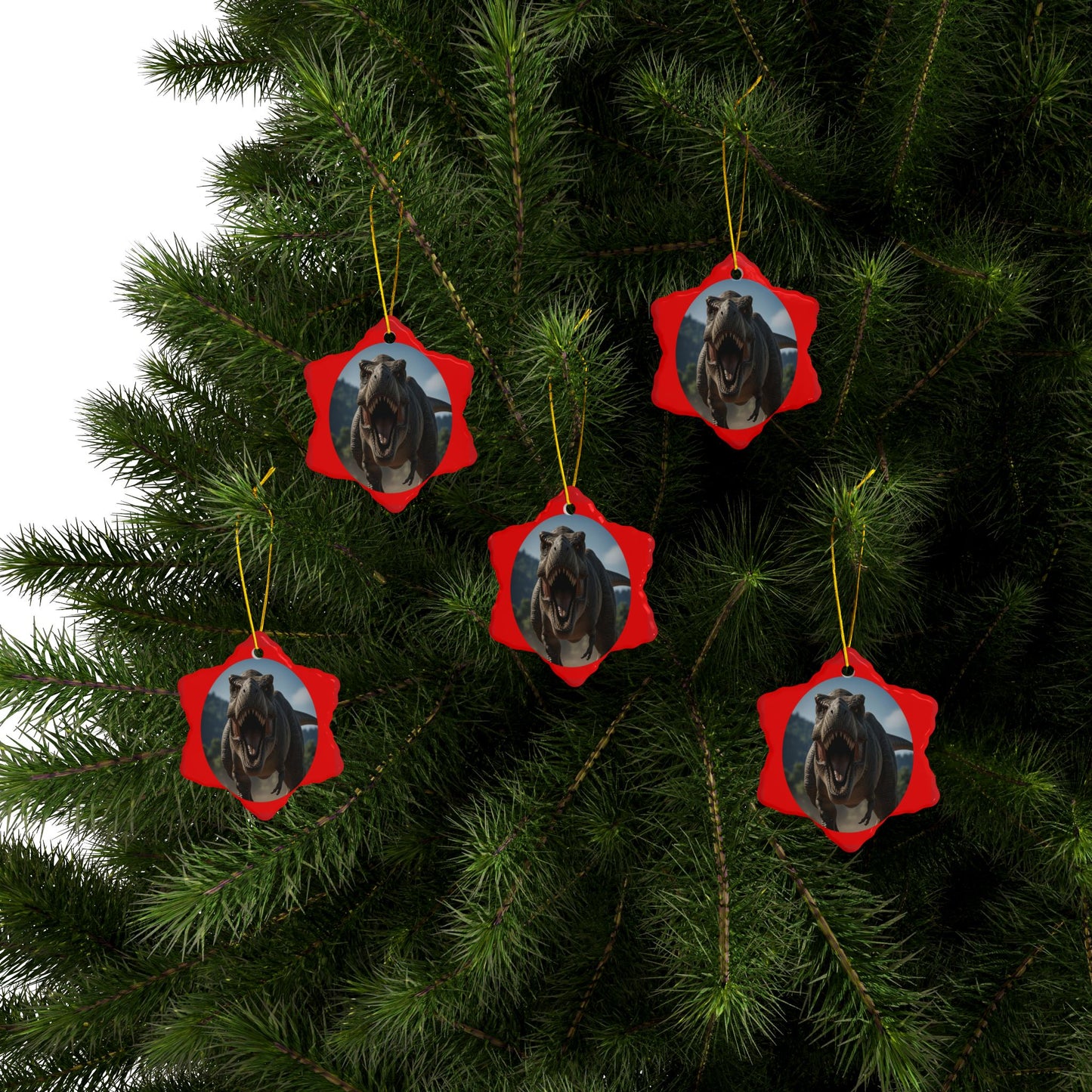 Roaring T-Rex Jurassic Era Dinosaur Ceramic Christmas Tree Ornaments, 2-Sided Keepsakes, Collectibles, Party Favors