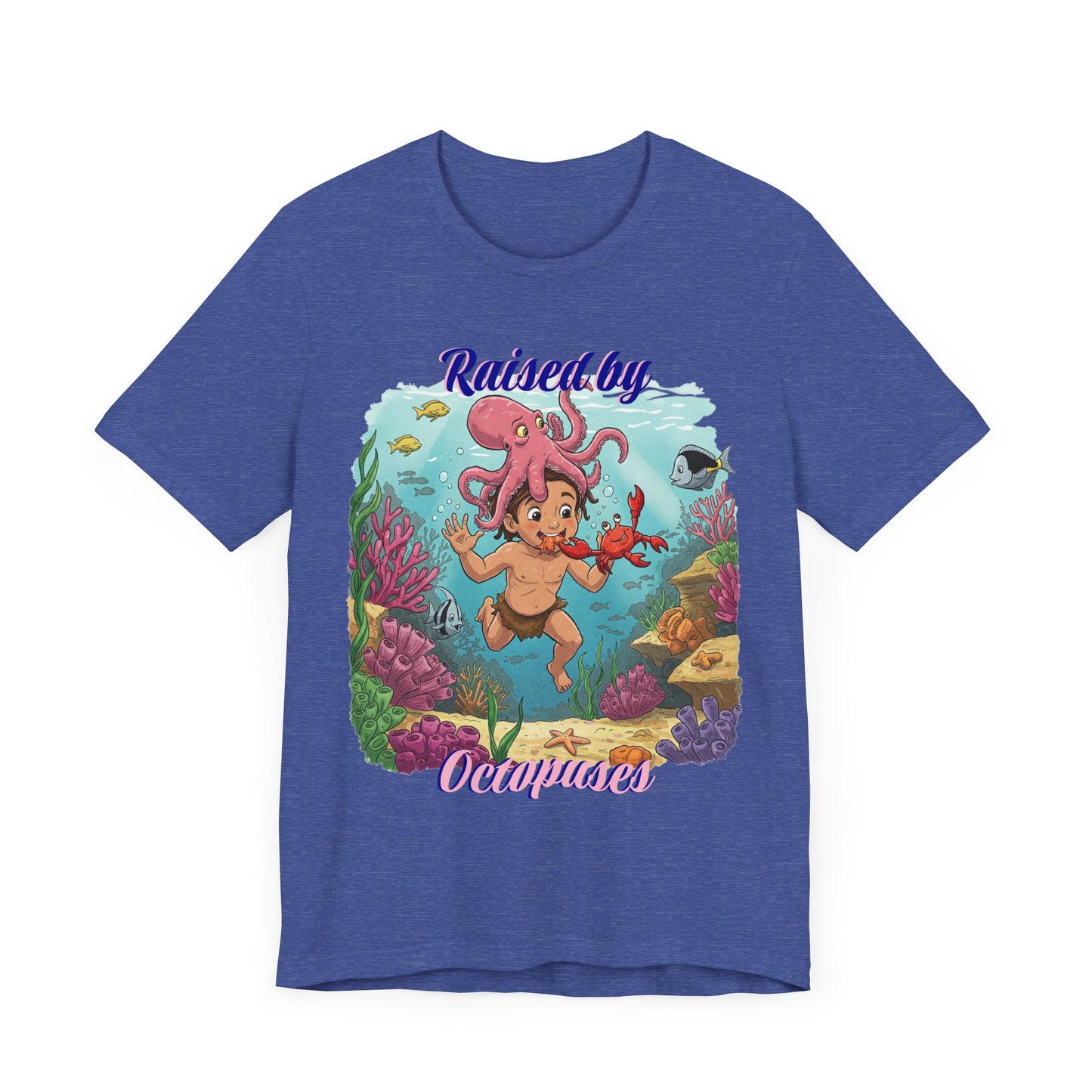 Ocean-Inspired Unisex Tee - Funny "Raised by Octopus", Fun Gift for Marine Lovers, Summer Beachwear, Cute Animal T-Shirt