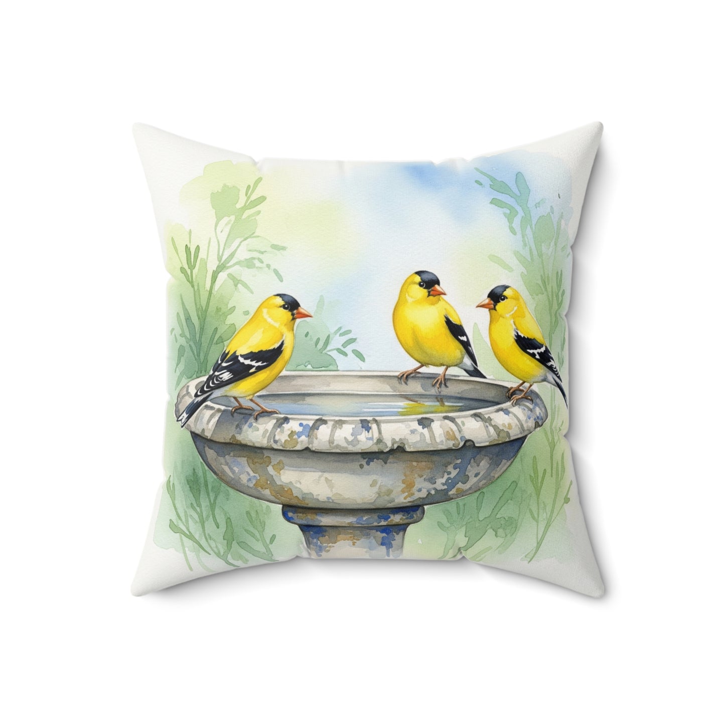 Cheerful Bird Bath Pillow, Decorative Cushion for Bird Lovers, Home Décor, Gift for Nature Enthusiasts, Goldfinches, Cozy Living Room