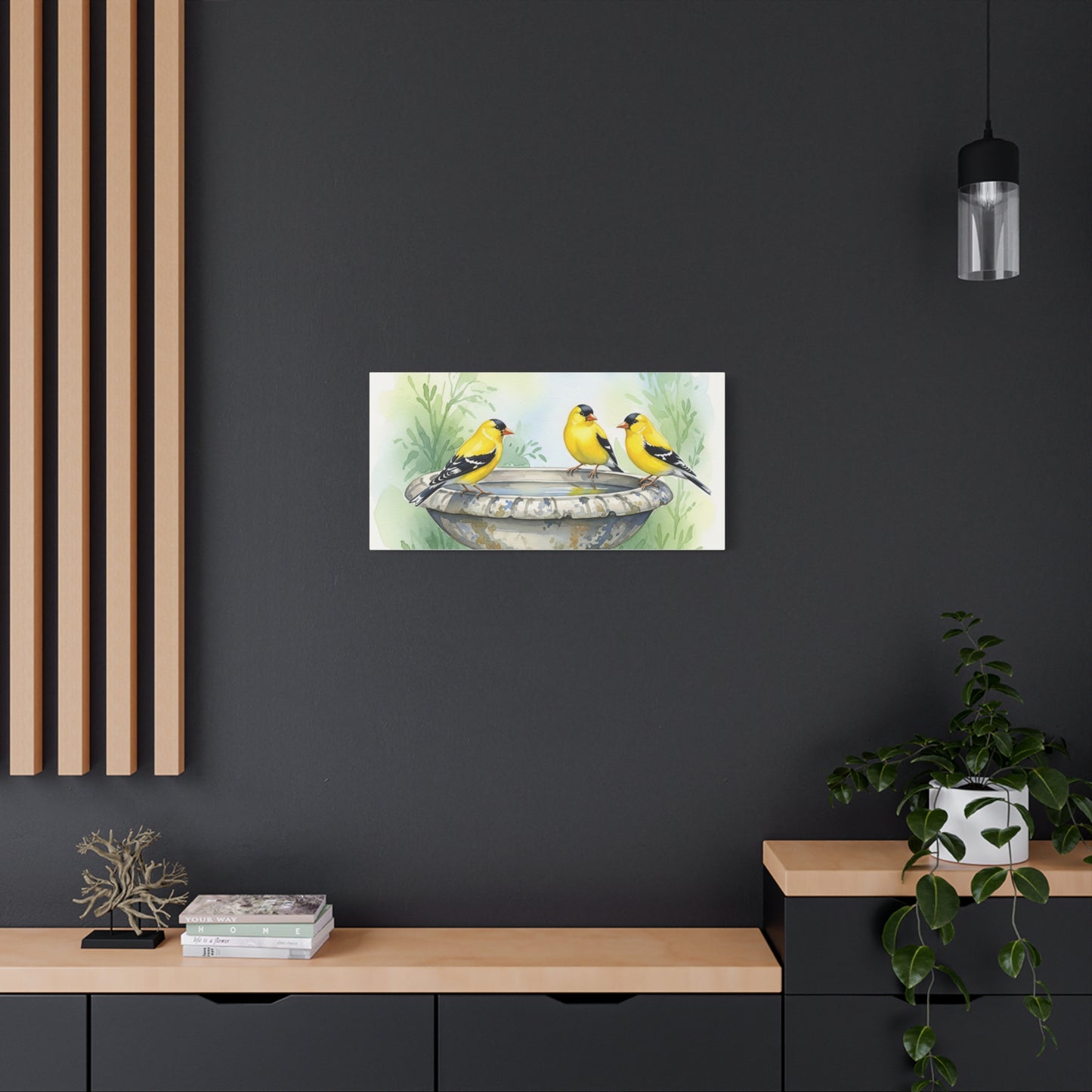 Goldfinches on Fountain Canvas Art, Nature Wall Decor, Yellow Finch Print, Home Decor, Gift for Bird Lovers, Spring Decoration