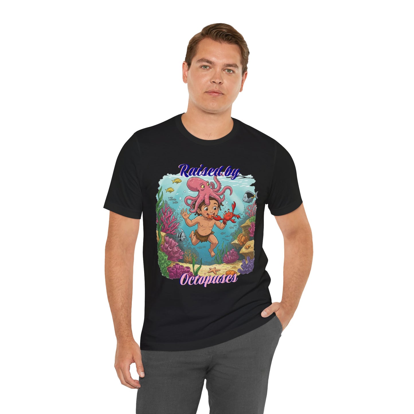 Ocean-Inspired Unisex Tee - Funny "Raised by Octopus", Fun Gift for Marine Lovers, Summer Beachwear, Cute Animal T-Shirt