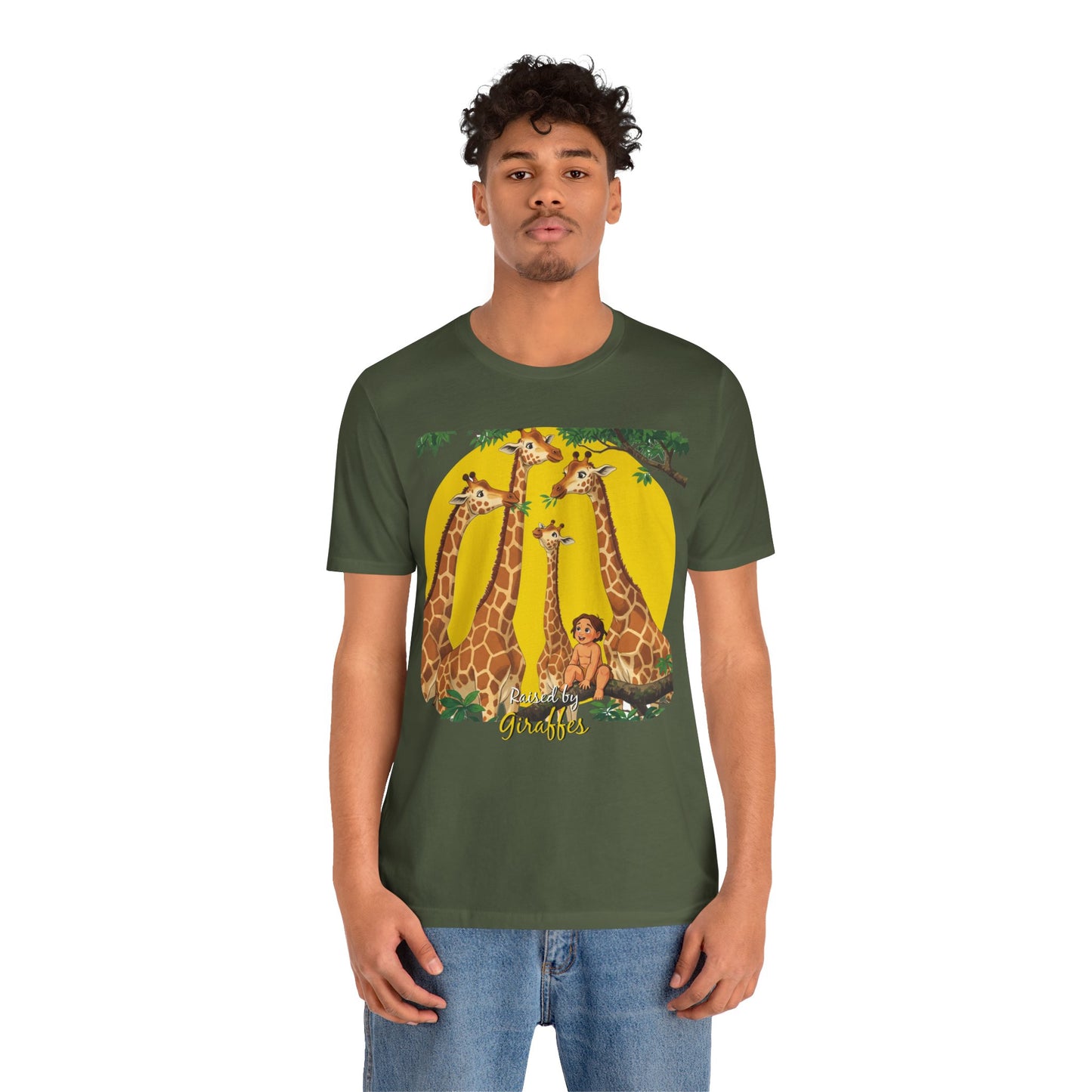 Hilarious Comical 'Raised By Giraffes' Unisex Short Sleeve Tee - Perfect for Animal Lovers (male character version) - Schmartypants