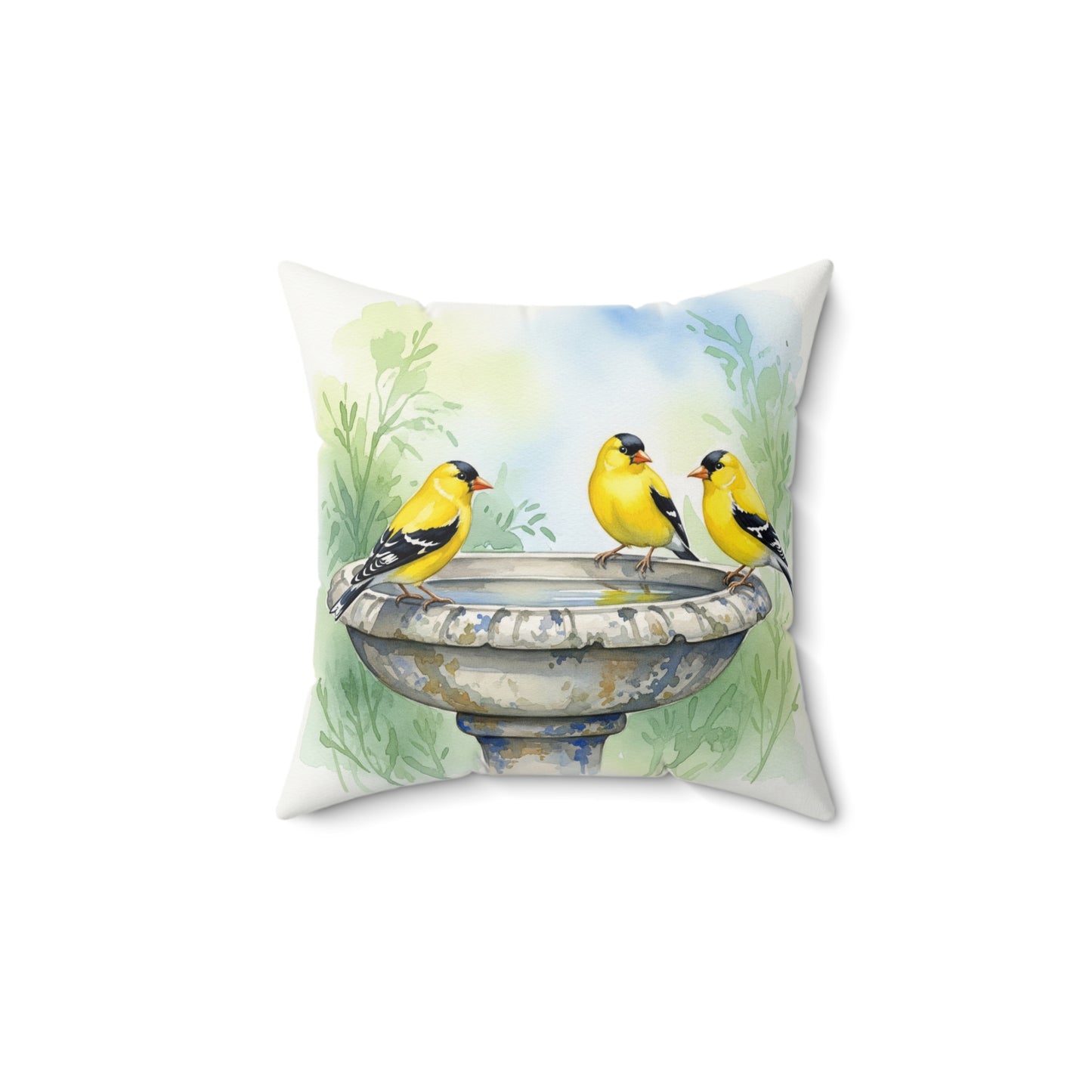 Cheerful Bird Bath Pillow, Decorative Cushion for Bird Lovers, Home Décor, Gift for Nature Enthusiasts, Goldfinches, Cozy Living Room