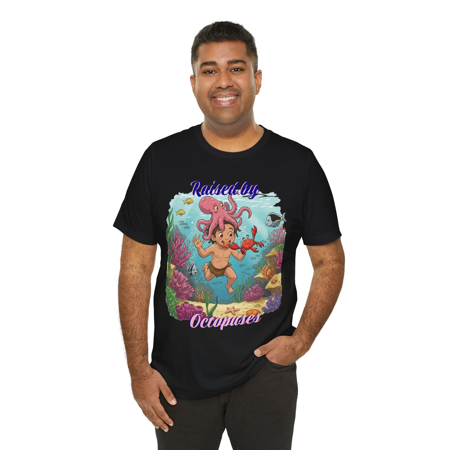 Ocean-Inspired Unisex Tee - Funny "Raised by Octopus", Fun Gift for Marine Lovers, Summer Beachwear, Cute Animal T-Shirt