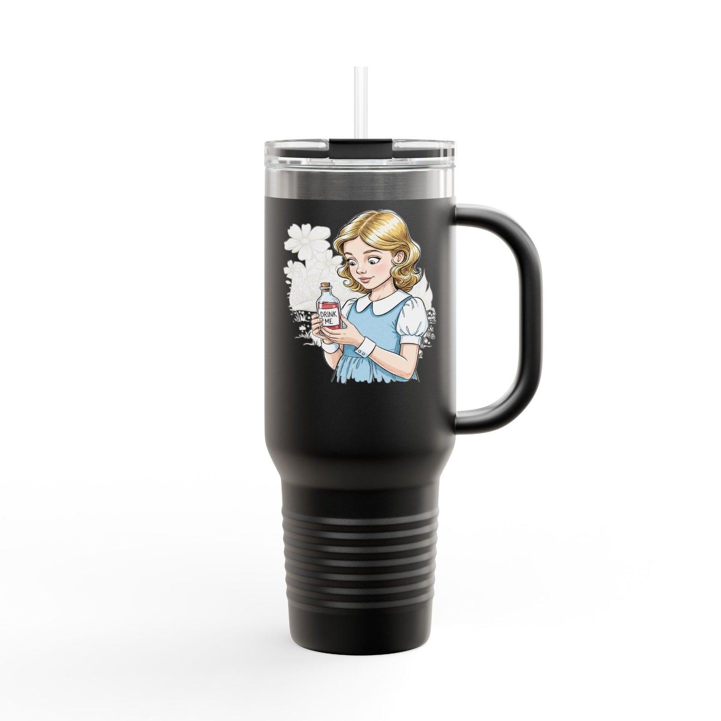 Alice in Wonderland 'Drink Me' Travel Mug, 40oz Insulated Tumbler with 'Go Ask Alice' Side Graphic - Whimsical Gift for Tea Lovers, Literary