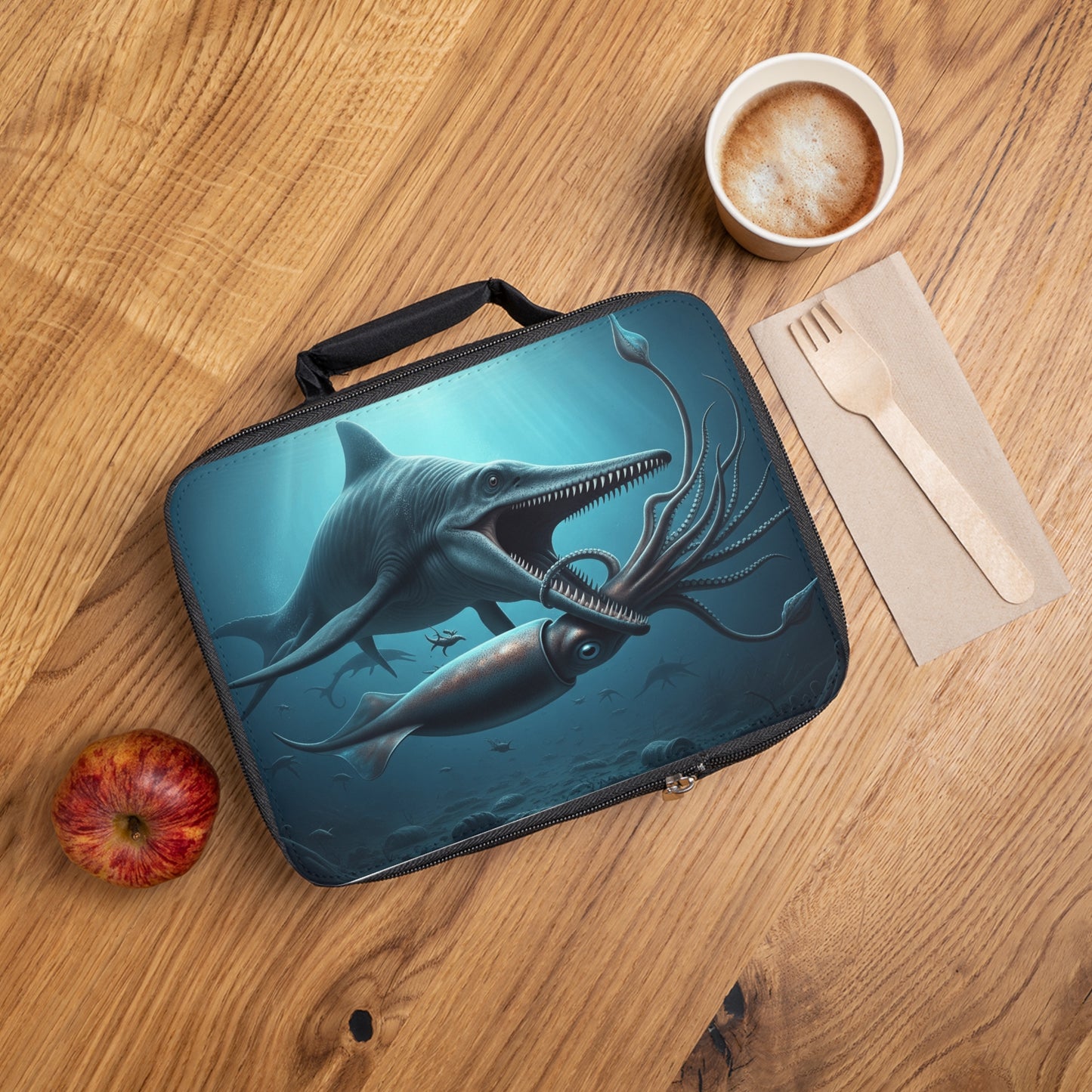 Jurassic Era Ichthyosaur Battling Giant Squid Ocean Adventure Insulated Lunch Bag, Kids Lunch Tote, Fun Back to School Accessory