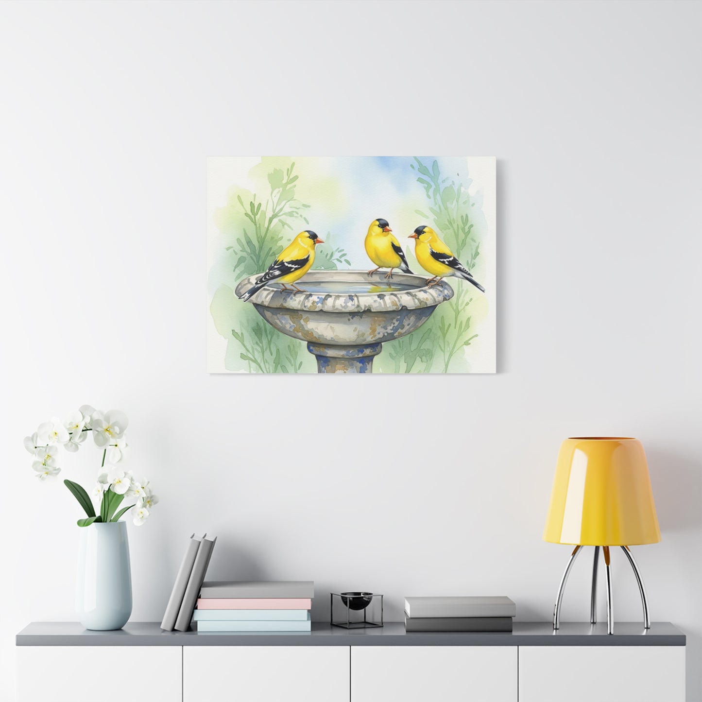 Goldfinches on Fountain Canvas Art, Nature Wall Decor, Yellow Finch Print, Home Decor, Gift for Bird Lovers, Spring Decoration