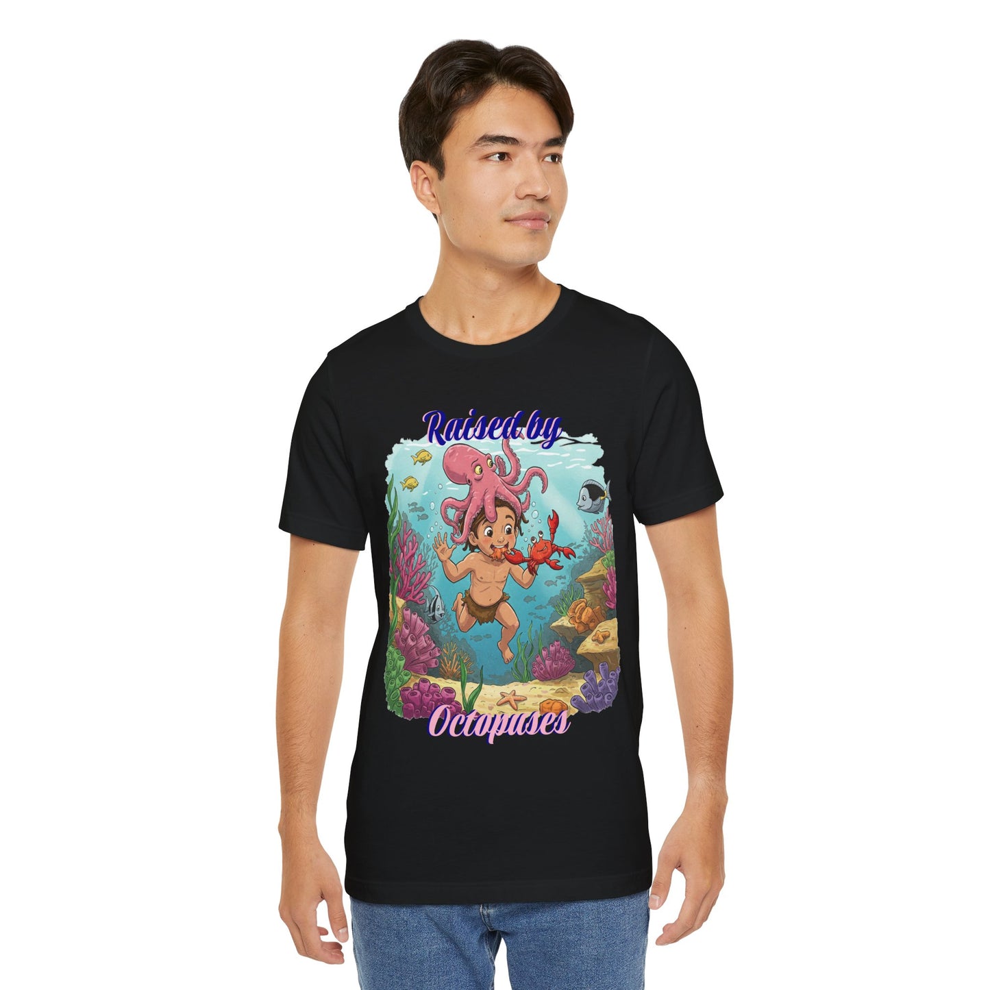 Ocean-Inspired Unisex Tee - Funny "Raised by Octopus", Fun Gift for Marine Lovers, Summer Beachwear, Cute Animal T-Shirt
