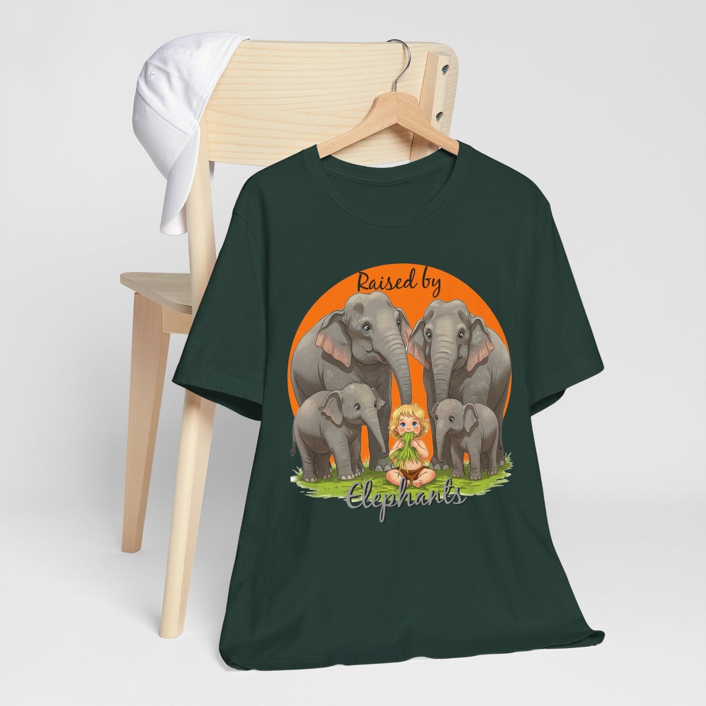 Funny Raised by Elephants Unisex Short Sleeve Tee - Perfect for Animal Lovers, Wildlife Fans (Women's Character version) - Schmartypants