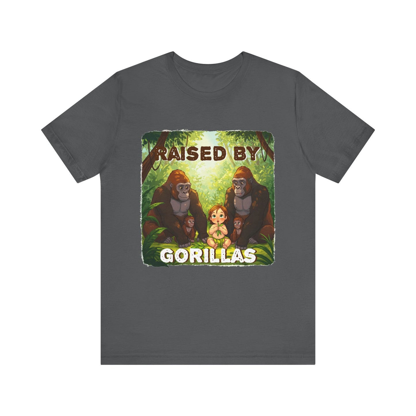 Funny Gorilla Graphic Tee - 'Raised by Gorillas' Unisex Jersey Shirt (Female character version) - Schmartypants