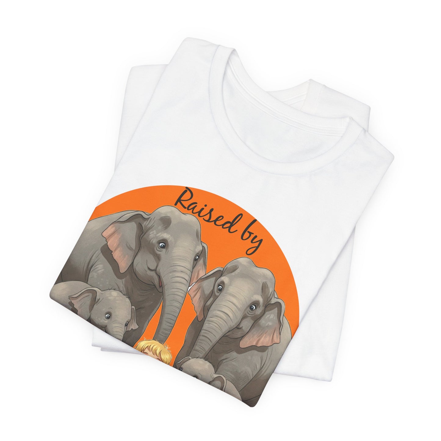 Funny Raised by Elephants Unisex Short Sleeve Tee - Perfect for Animal Lovers, Wildlife Fans (Women's character version) - Schmartypants