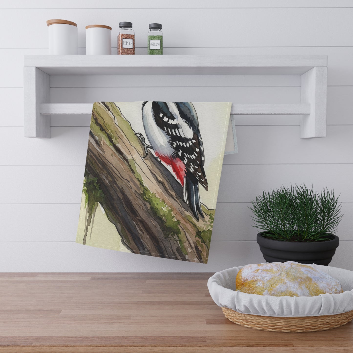 Woodpecker Tea Towel - Cotton Kitchen Towel, Housewarming Gift, Watercolor Design, Wedding Present, Bird Lover Home Decor