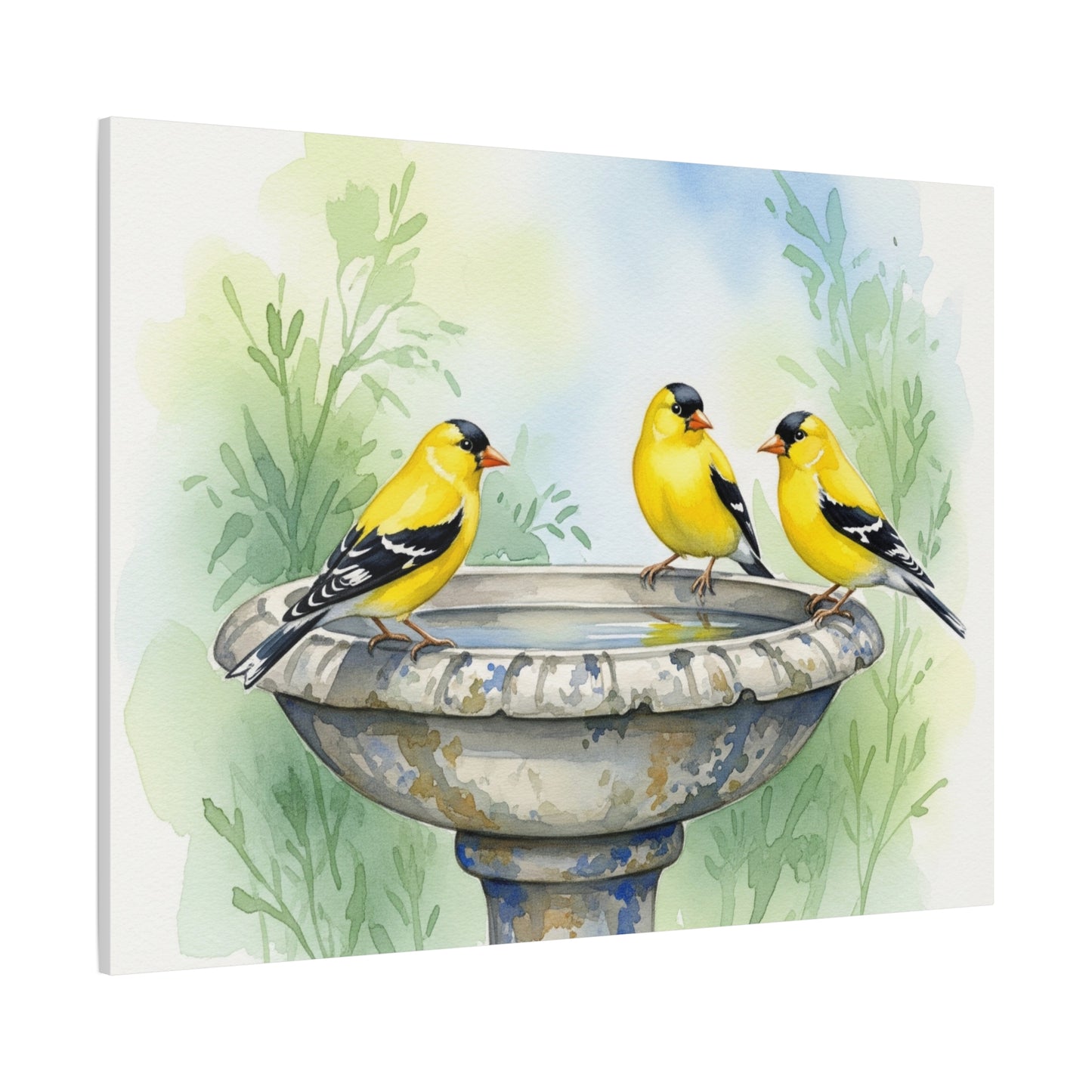 Goldfinches on Fountain Canvas Art, Nature Wall Decor, Yellow Finch Print, Home Decor, Gift for Bird Lovers, Spring Decoration