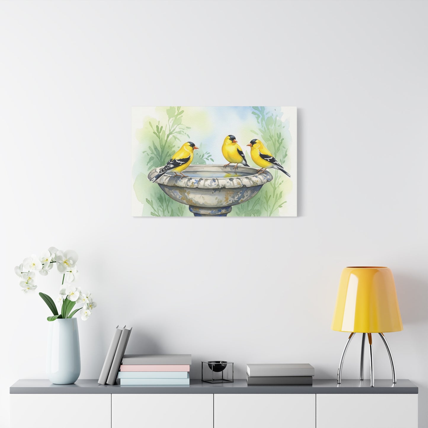 Goldfinches on Fountain Canvas Art, Nature Wall Decor, Yellow Finch Print, Home Decor, Gift for Bird Lovers, Spring Decoration