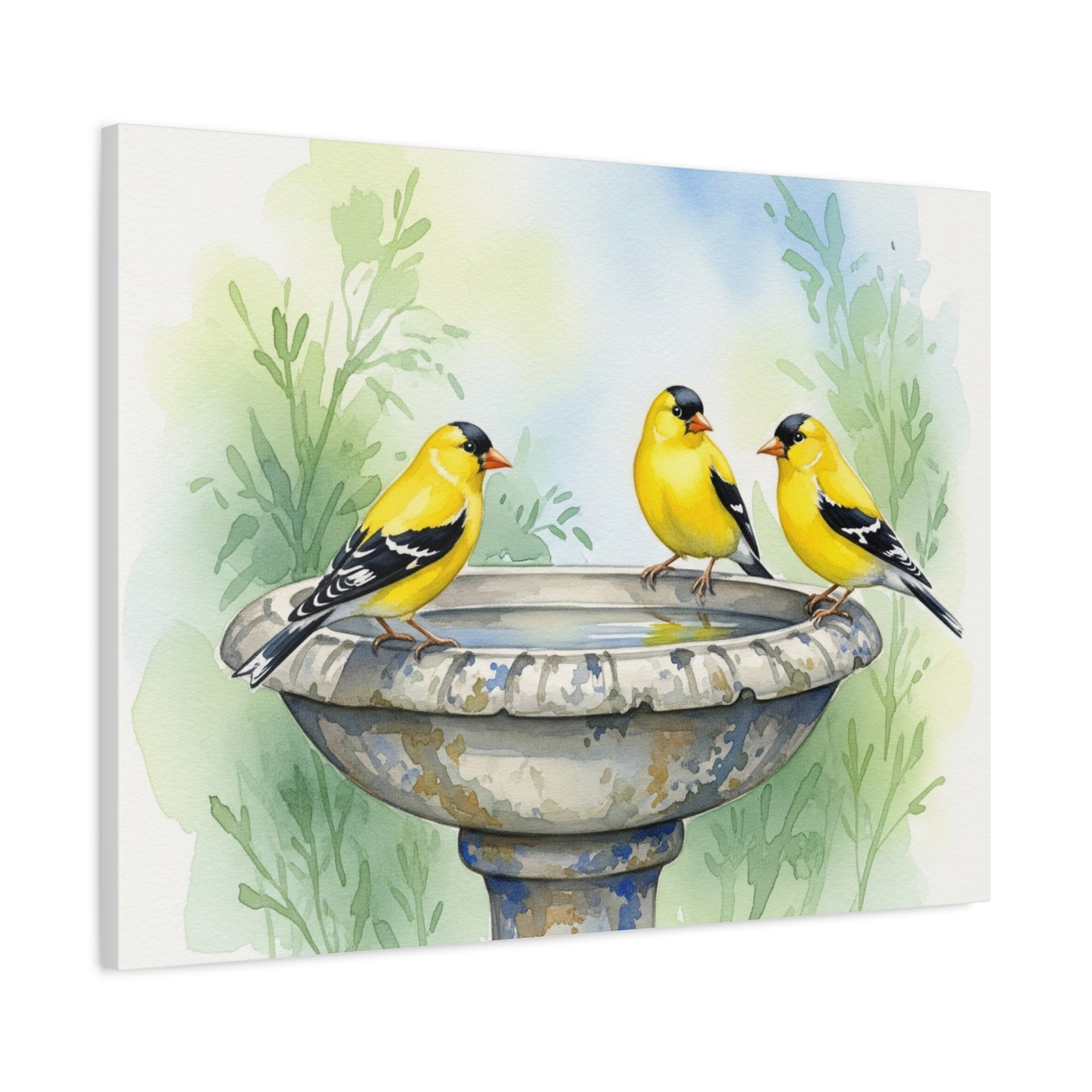Goldfinches on Fountain Canvas Art, Nature Wall Decor, Yellow Finch Print, Home Decor, Gift for Bird Lovers, Spring Decoration