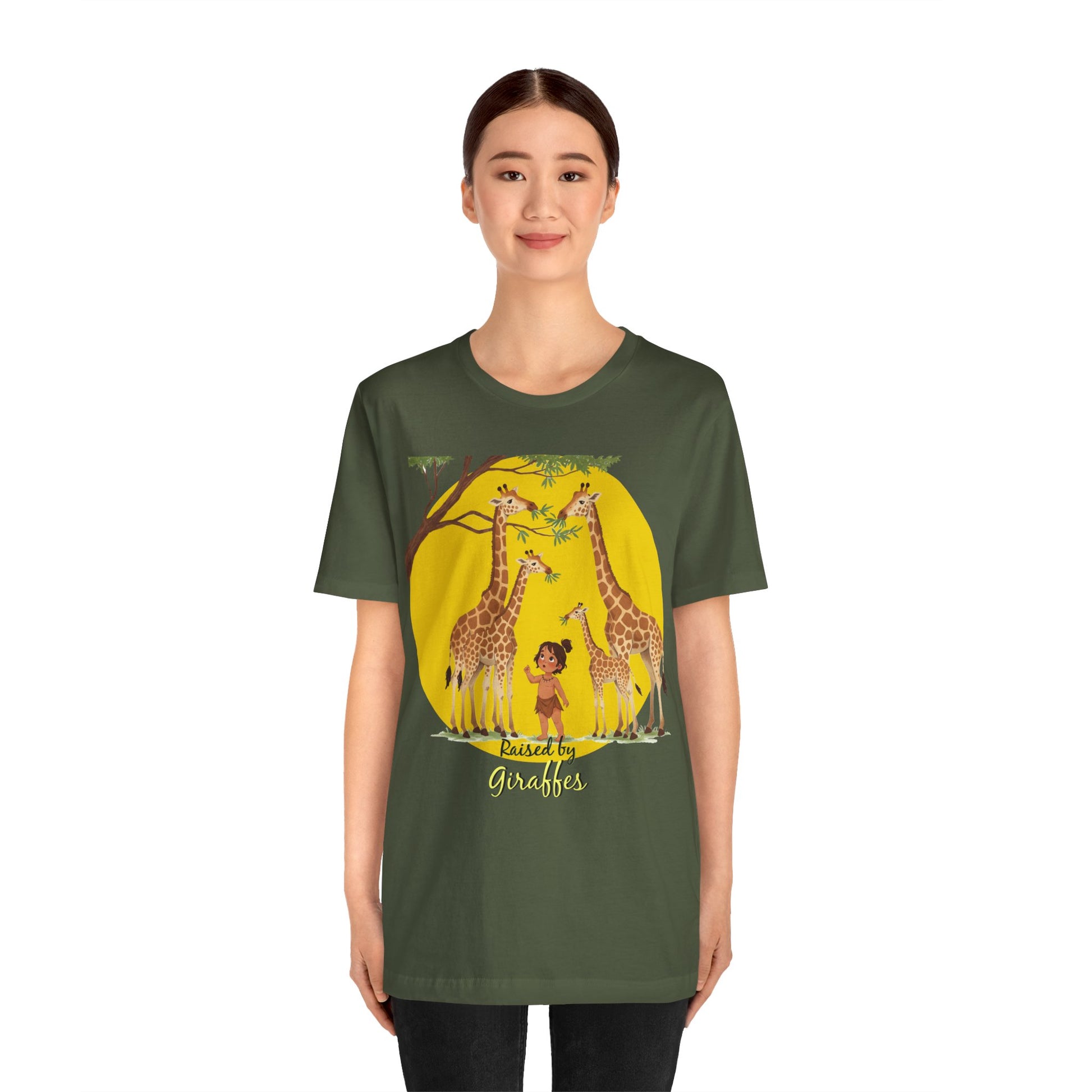 Raised by Giraffes Unisex T-Shirt - Funny Animal Lover Tee - Giraffe Lovers, Wildlife Enthusiasts (Female Character) - Schmartypants