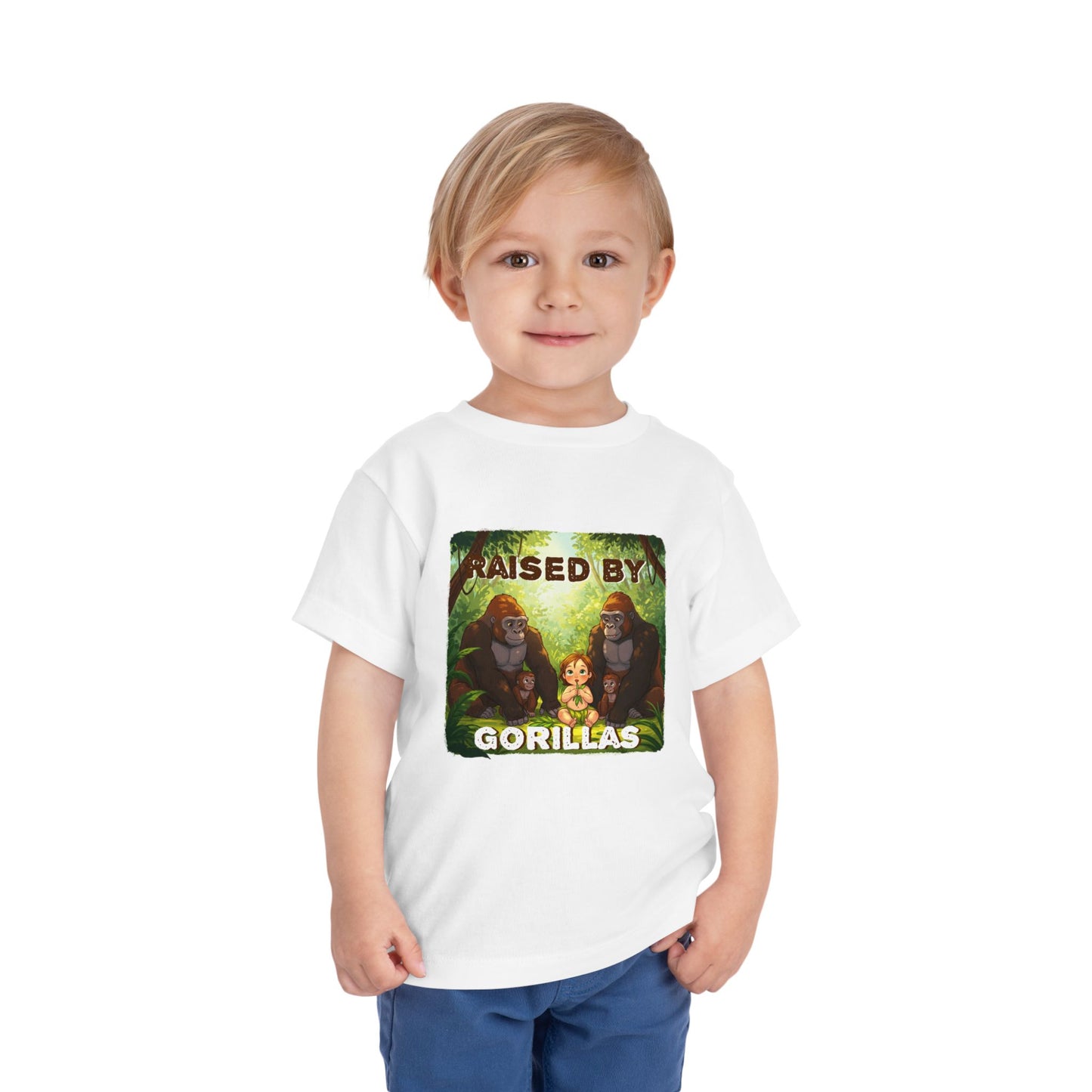 Funny 'Raised by Gorillas' Toddler Tee - Fun Jungle Adventure Shirt for Kids (female character version) - Schmartypants