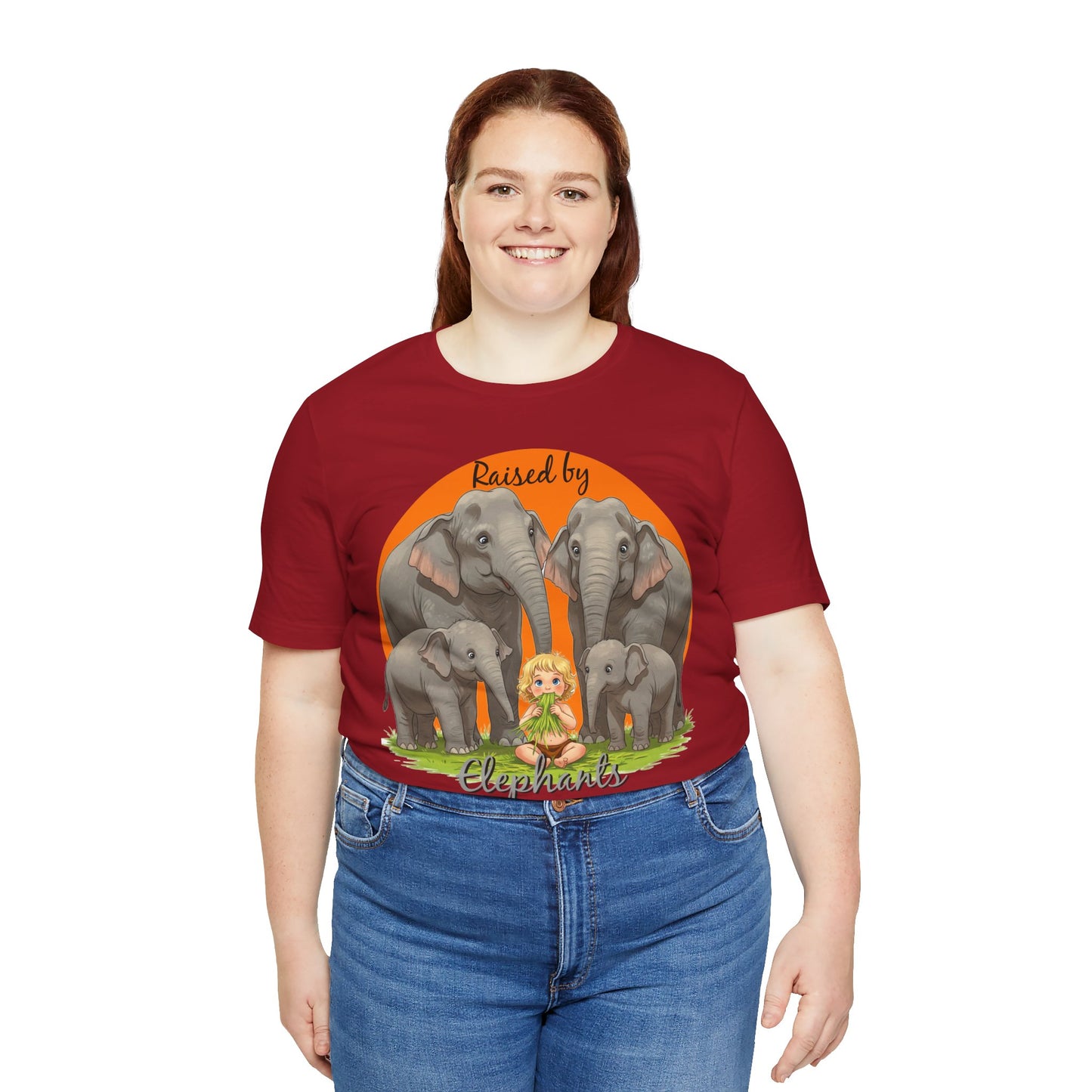 Funny Raised by Elephants Unisex Short Sleeve Tee - Perfect for Animal Lovers, Wildlife Fans (Women's Character version) - Schmartypants