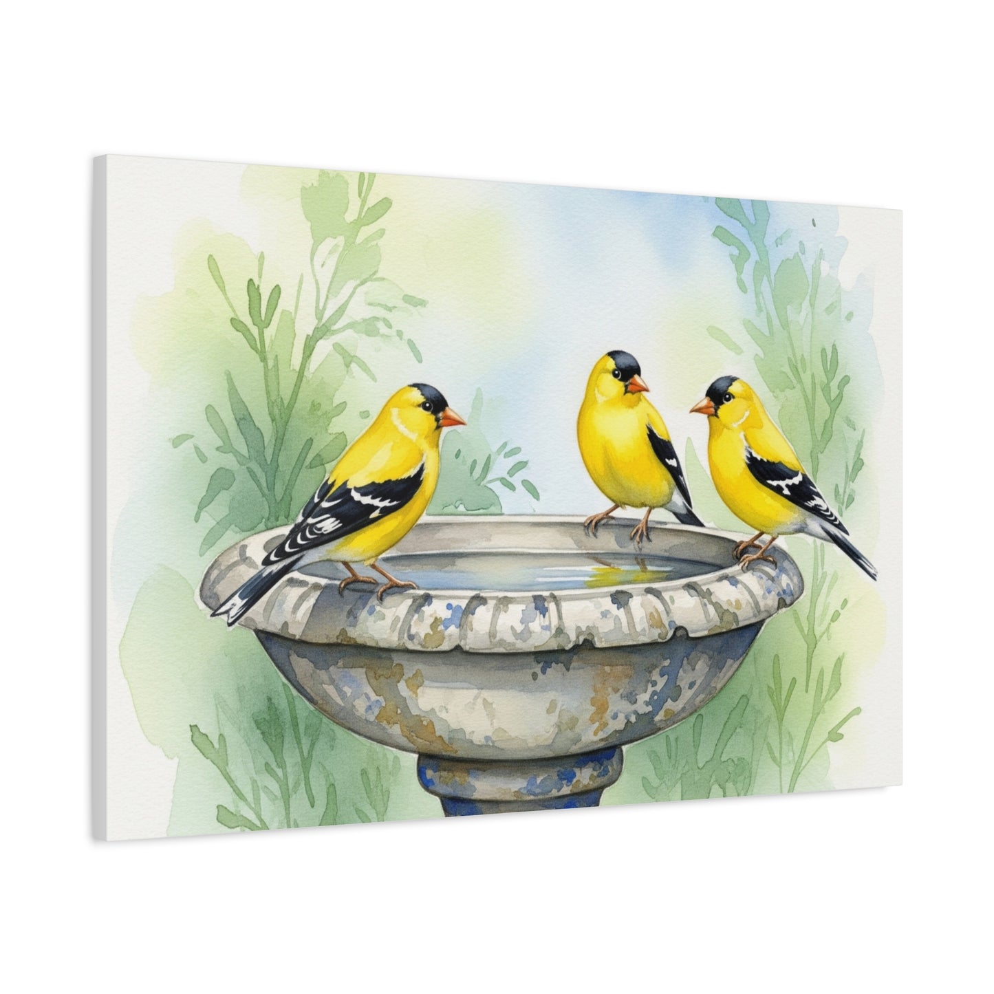 Goldfinches on Fountain Canvas Art, Nature Wall Decor, Yellow Finch Print, Home Decor, Gift for Bird Lovers, Spring Decoration