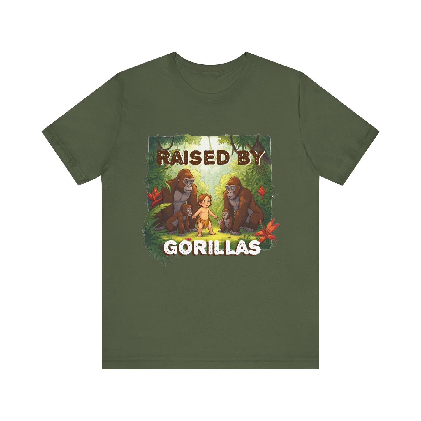 Hilarious 'Raised by Gorillas' Unisex T-Shirt - Funny Animal Lover Gift (male character version) - Schmartypants