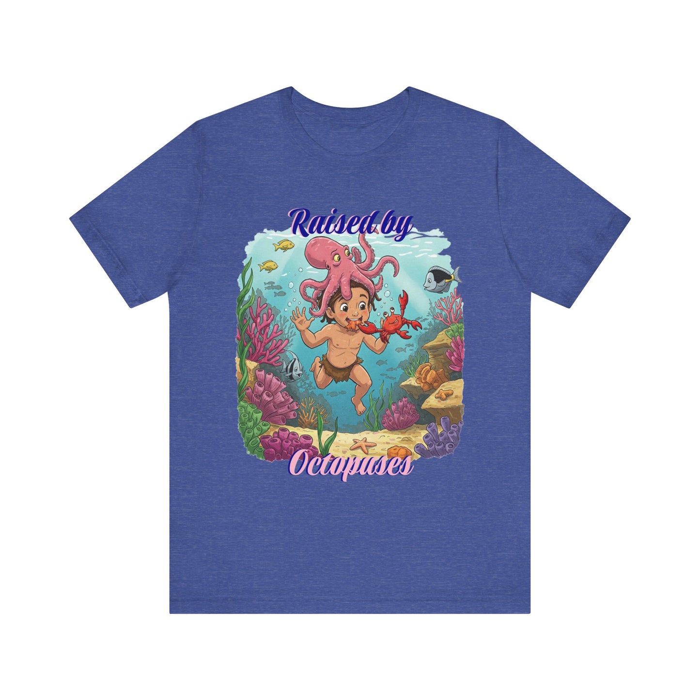 Ocean-Inspired Unisex Tee - Funny "Raised by Octopus", Fun Gift for Marine Lovers, Summer Beachwear, Cute Animal T-Shirt