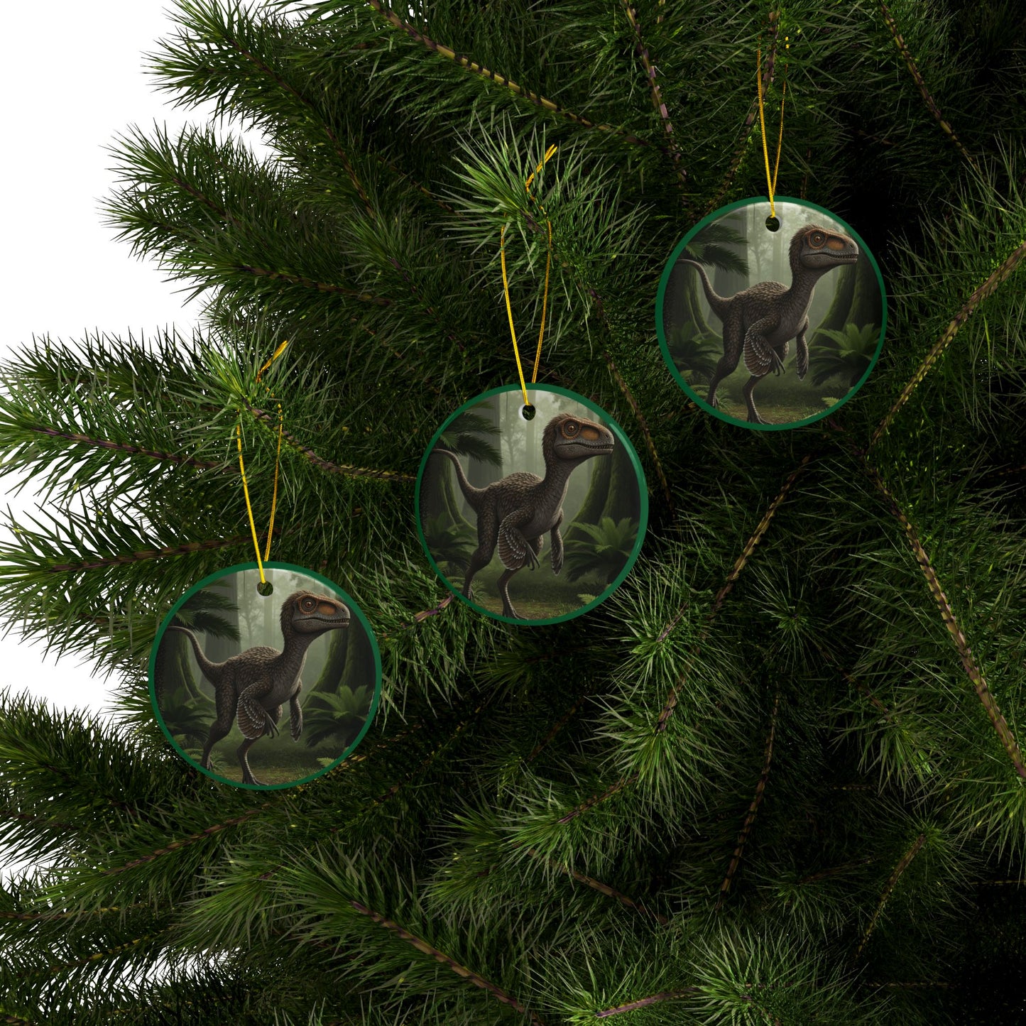 Troodon Jurassic Era Dinosaur Themed Ceramic Christmas Tree Ornaments, 2-Sided Collectible, Keepsake, Party Favor