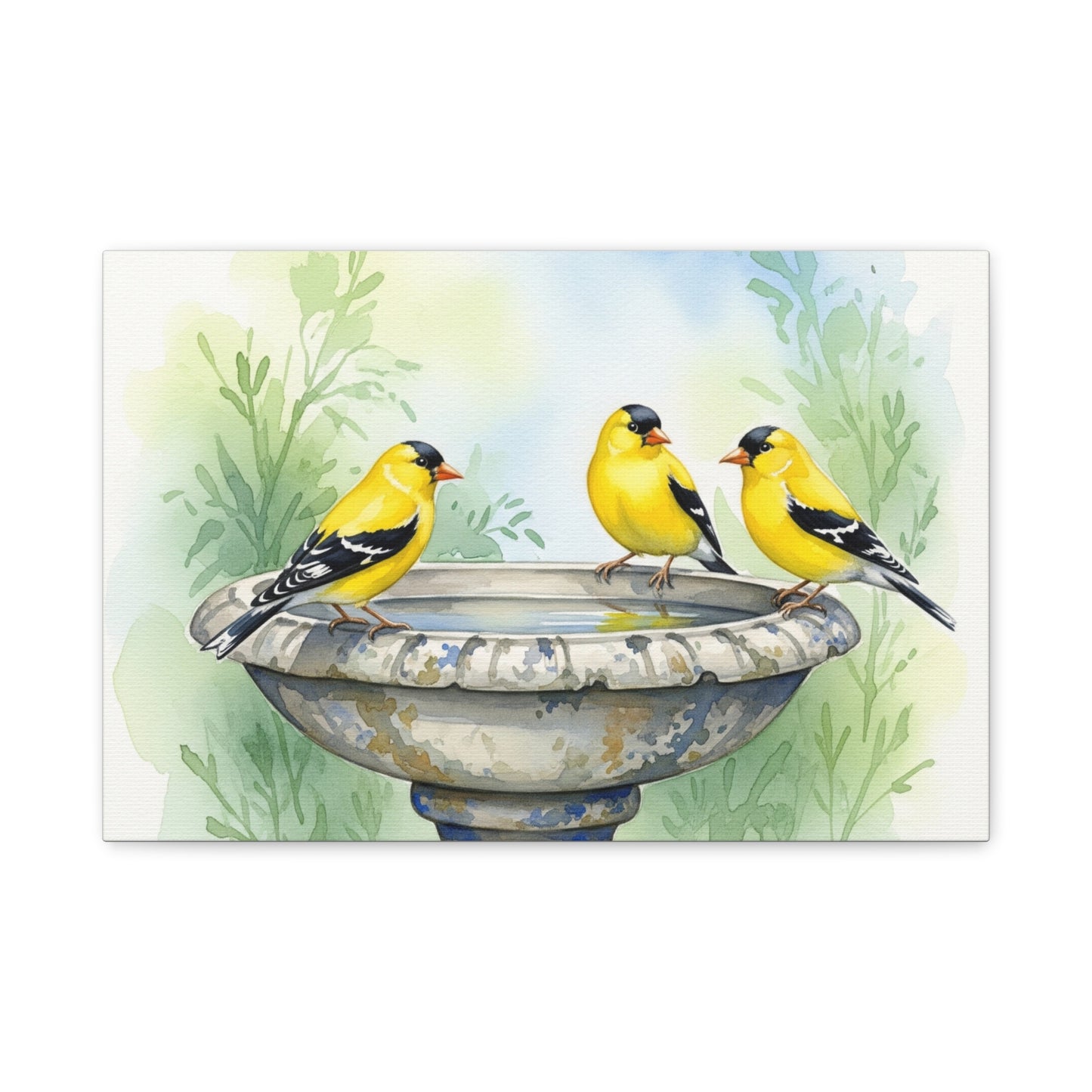 Goldfinches on Fountain Canvas Art, Nature Wall Decor, Yellow Finch Print, Home Decor, Gift for Bird Lovers, Spring Decoration
