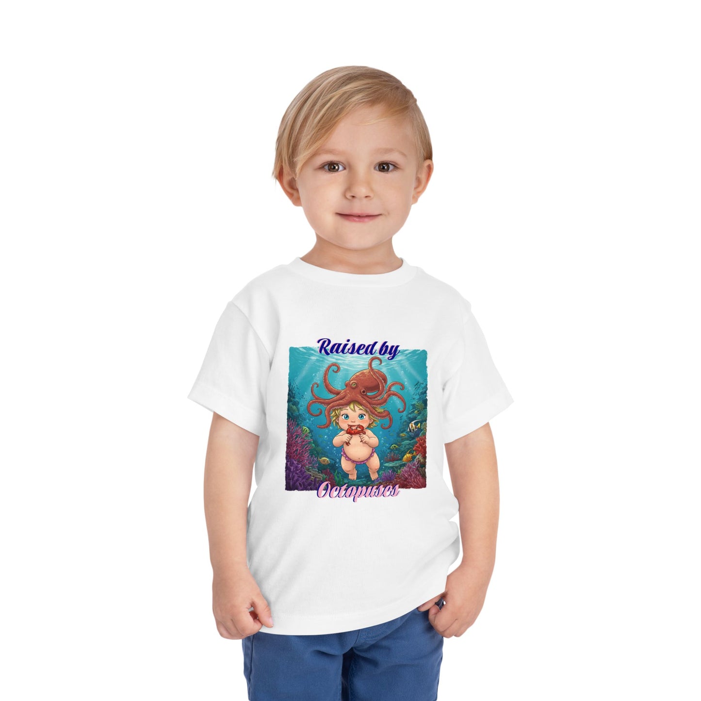 Toddler Short Sleeve Tee: Funny 'Raised by Octopuses', Kid's Fun Tee, Aquatic Graphics Shirt, Marine Life Gift, Nautical Outfit