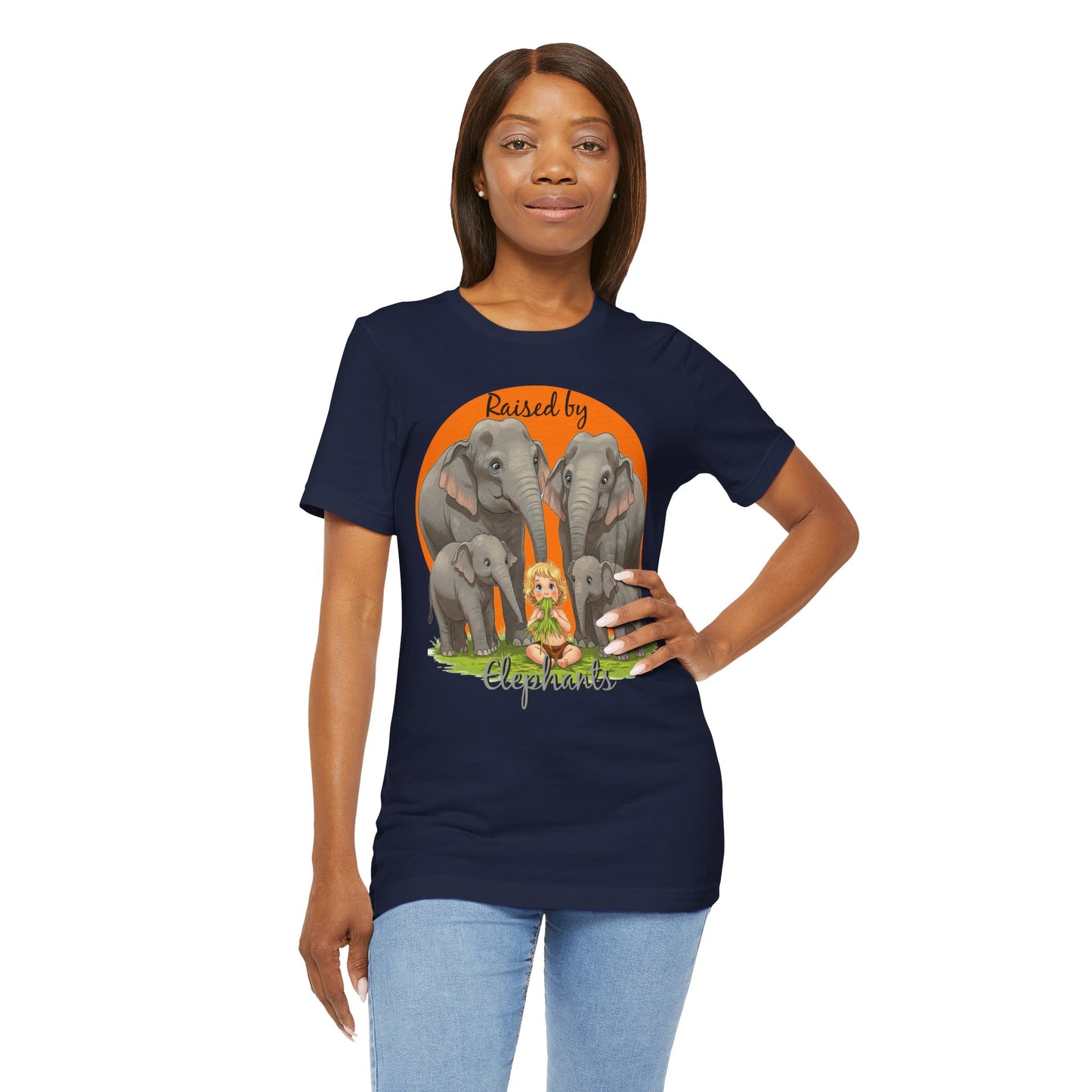 Funny Raised by Elephants Unisex Short Sleeve Tee - Perfect for Animal Lovers, Wildlife Fans (Women's Character version) - Schmartypants