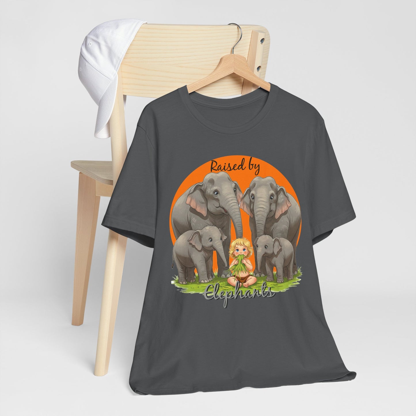 Funny Raised by Elephants Unisex Short Sleeve Tee - Perfect for Animal Lovers, Wildlife Fans (Women's character version) - Schmartypants