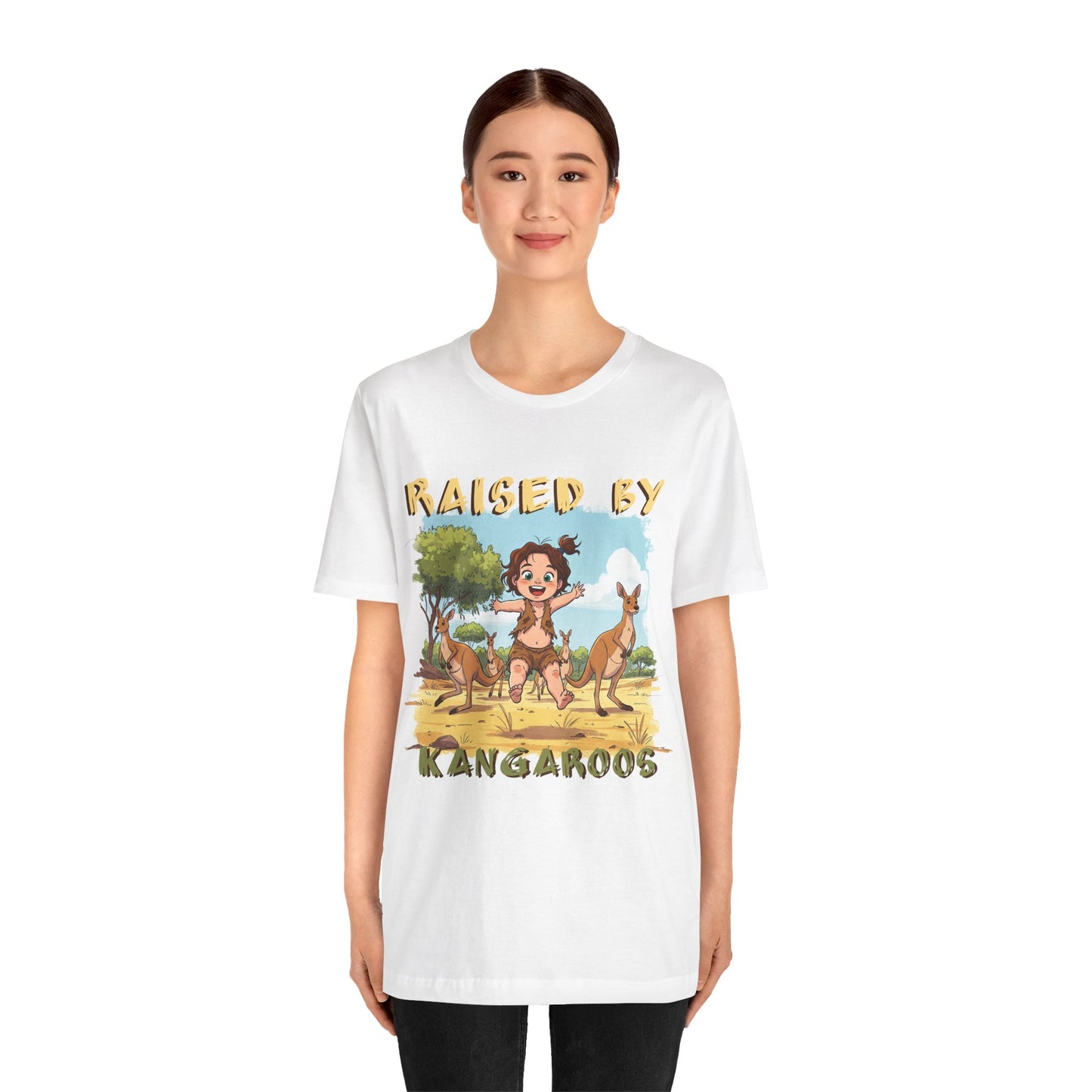 Cute, Funny Kangaroo Vibe Unisex Tee - "Raised by Kangaroos" (female character) - Australian Theme - Schmartypants