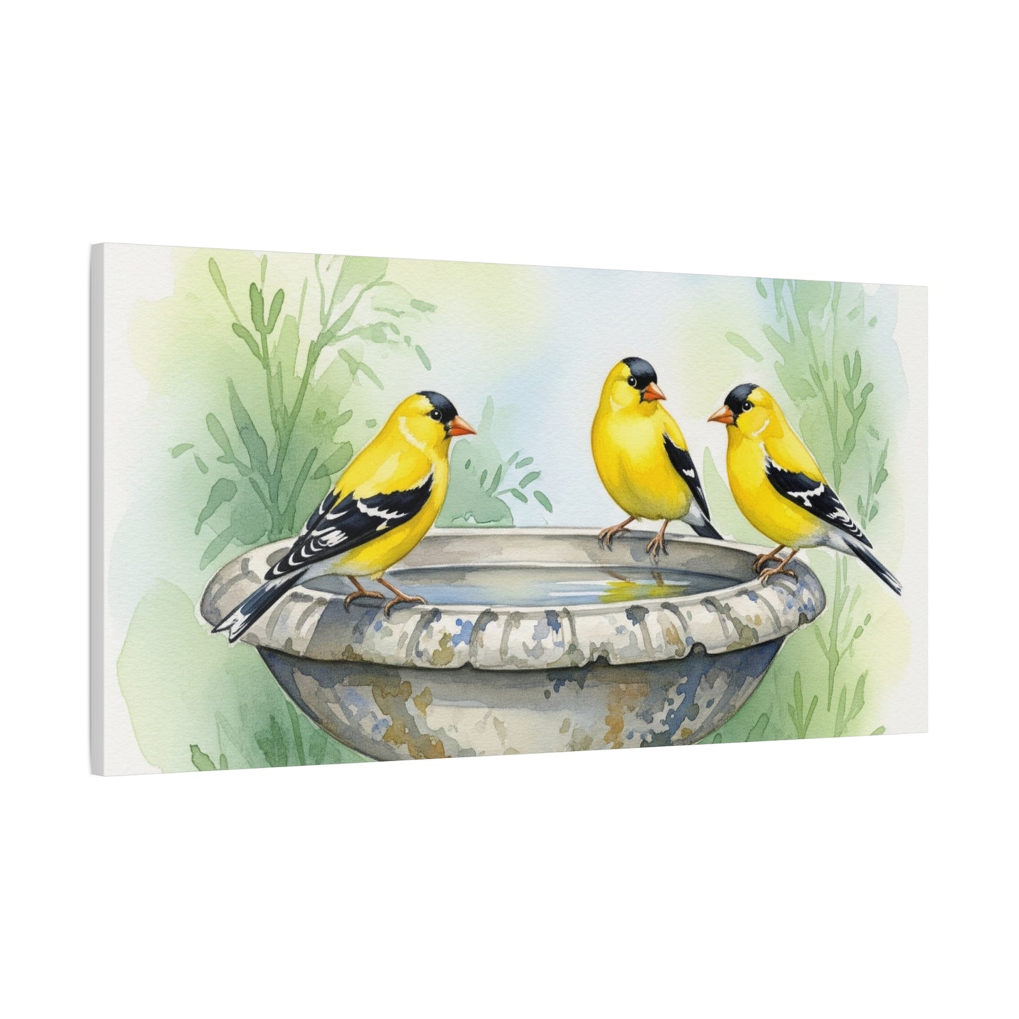 Goldfinches on Fountain Canvas Art, Nature Wall Decor, Yellow Finch Print, Home Decor, Gift for Bird Lovers, Spring Decoration