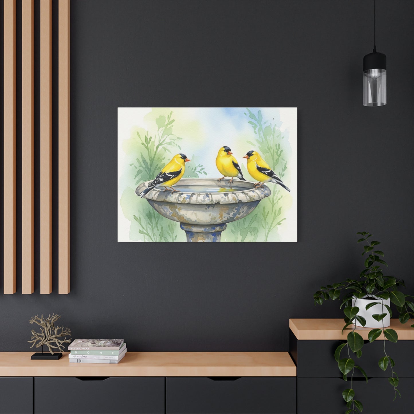 Goldfinches on Fountain Canvas Art, Nature Wall Decor, Yellow Finch Print, Home Decor, Gift for Bird Lovers, Spring Decoration