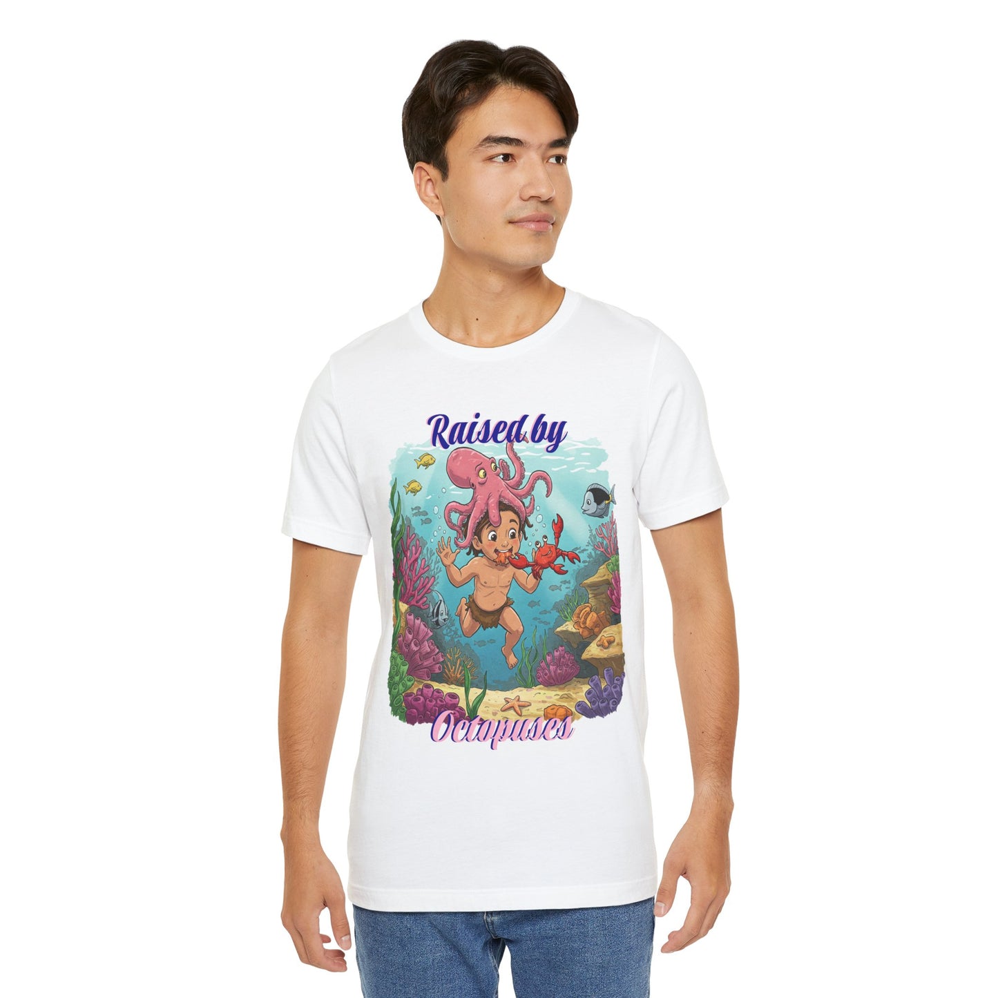 Ocean-Inspired Unisex Tee - Funny "Raised by Octopus", Fun Gift for Marine Lovers, Summer Beachwear, Cute Animal T-Shirt