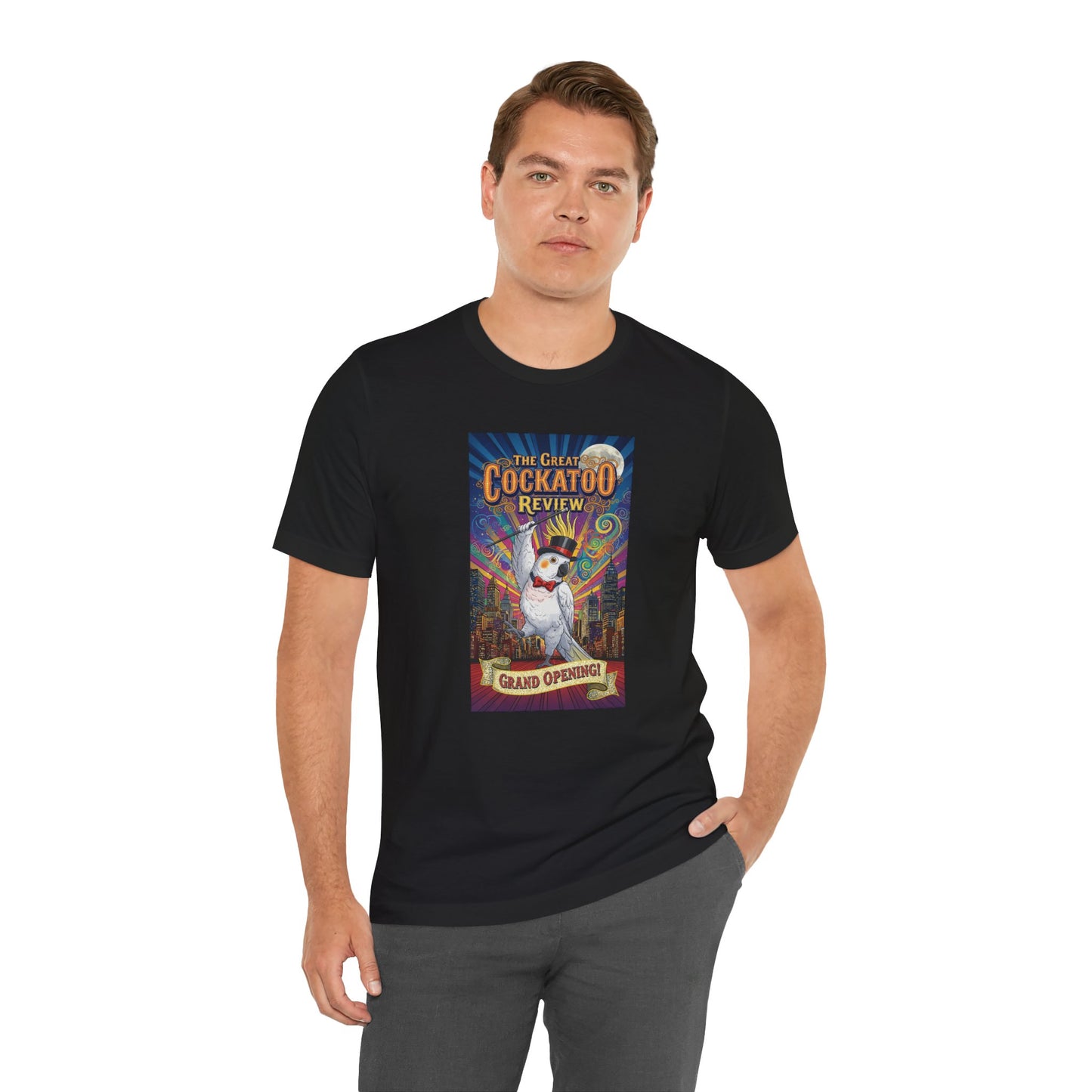 Grand Opening Cockatoo Review Tee - Funny Bird Graphic T-Shirt, Unique Gift for Cockatoo Owners, Casual Wear, Animal Lover Shirt