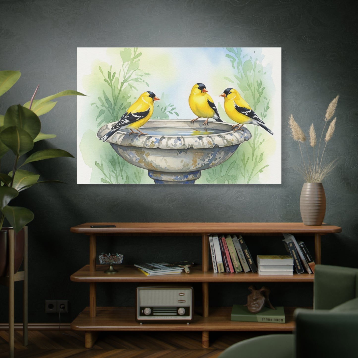 Goldfinches on Fountain Canvas Art, Nature Wall Decor, Yellow Finch Print, Home Decor, Gift for Bird Lovers, Spring Decoration