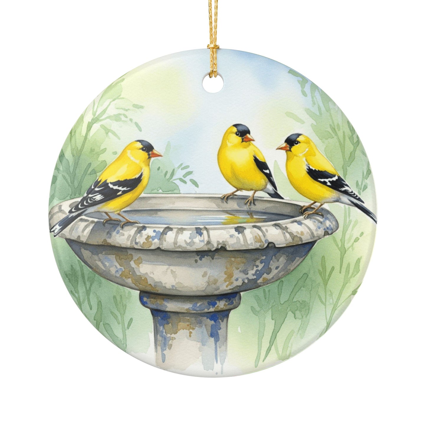 Beautiful Bird Bath Ceramic Ornament, Nature Decor, Gift for Bird Lovers, Goldfinches, Birdwatching, Holiday Decor, Home Decoration