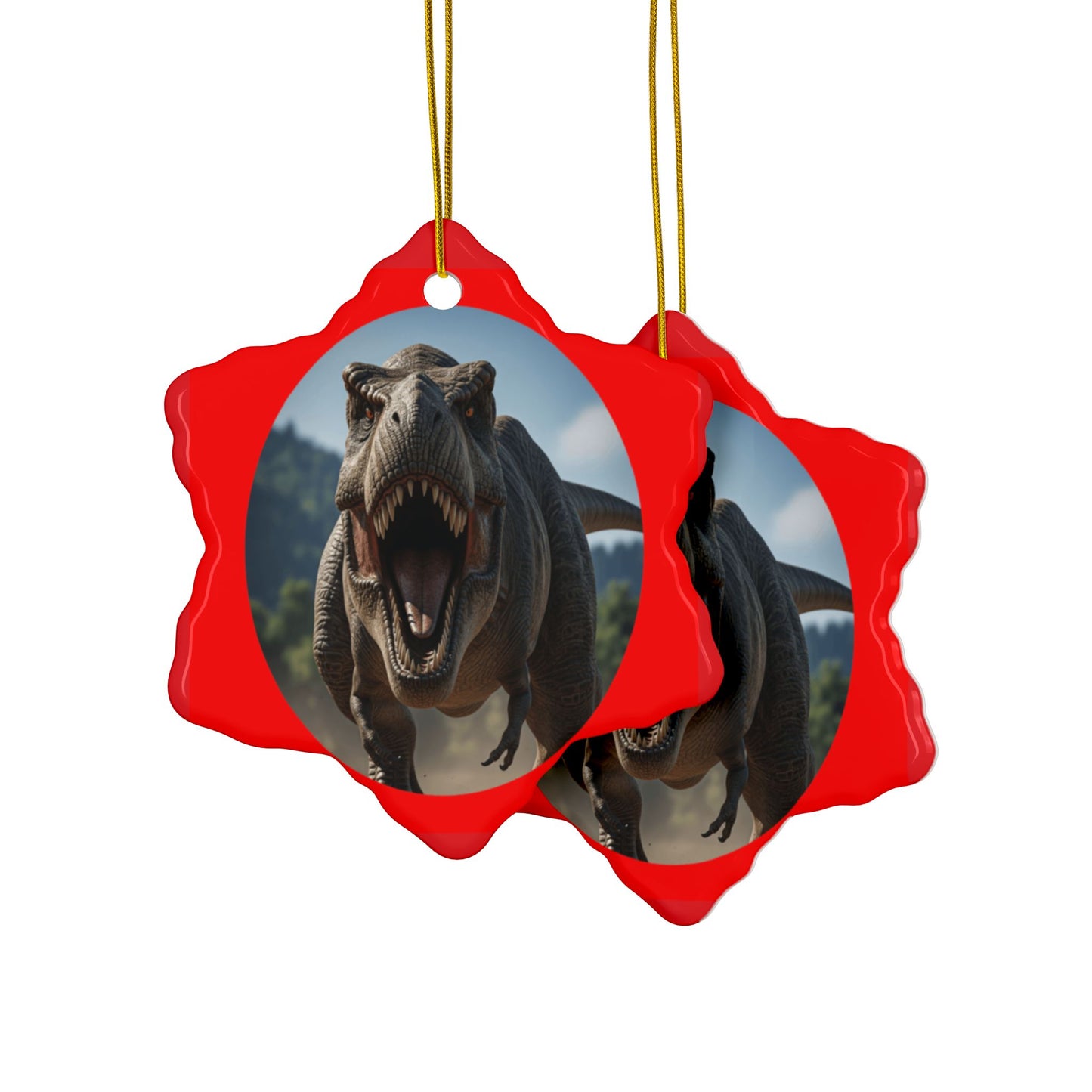 Roaring T-Rex Jurassic Era Dinosaur Ceramic Christmas Tree Ornaments, 2-Sided Keepsakes, Collectibles, Party Favors