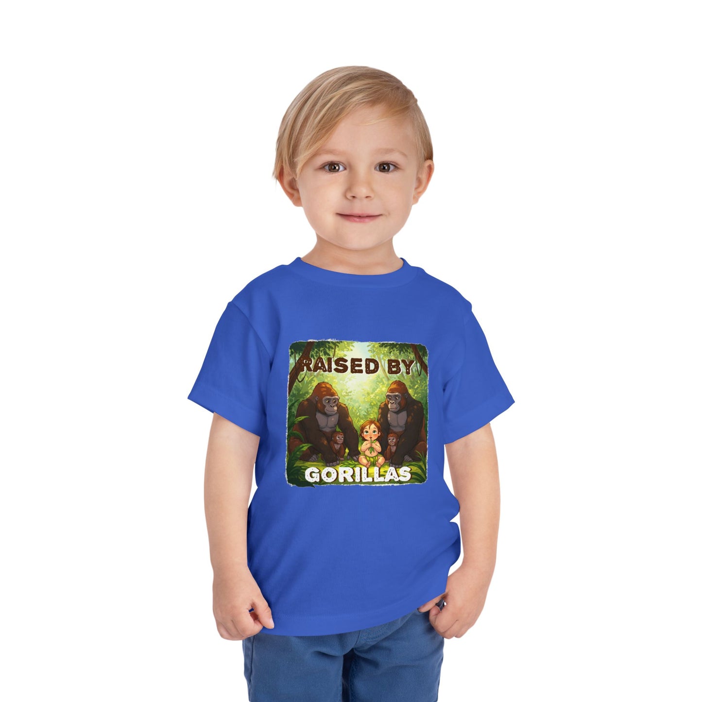 Funny 'Raised by Gorillas' Toddler Tee - Fun Jungle Adventure Shirt for Kids (female character version) - Schmartypants