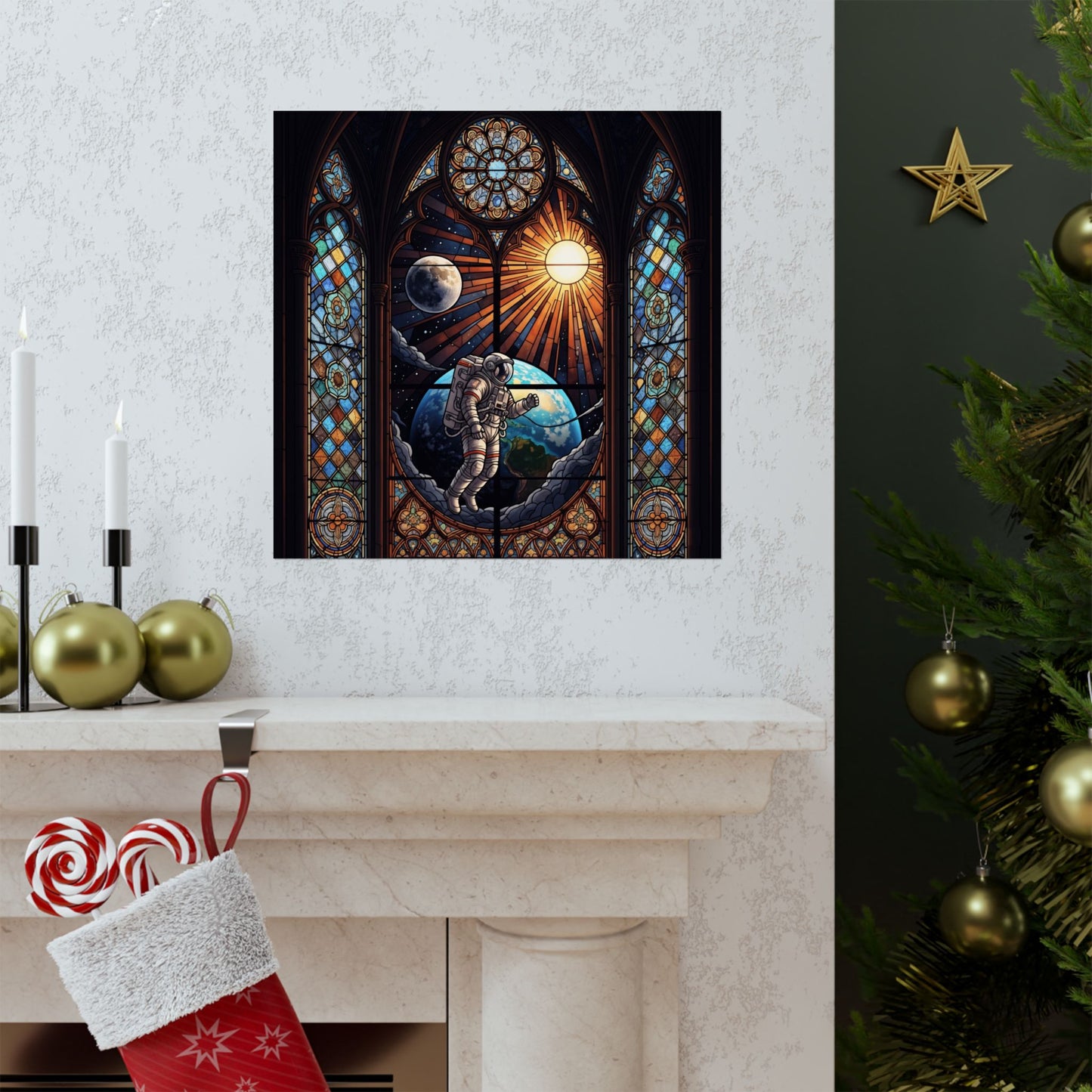 Astronaut Stained Glass Poster, Space Art Print, Celestial Wall Decor, Unique Gift for Space Lovers, Home Office Decoration