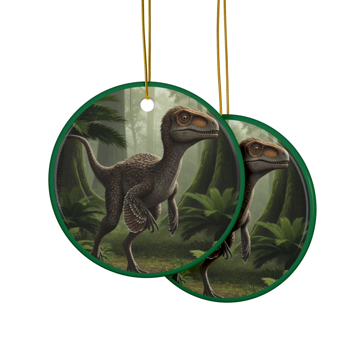 Troodon Jurassic Era Dinosaur Themed Ceramic Christmas Tree Ornaments, 2-Sided Collectible, Keepsake, Party Favor