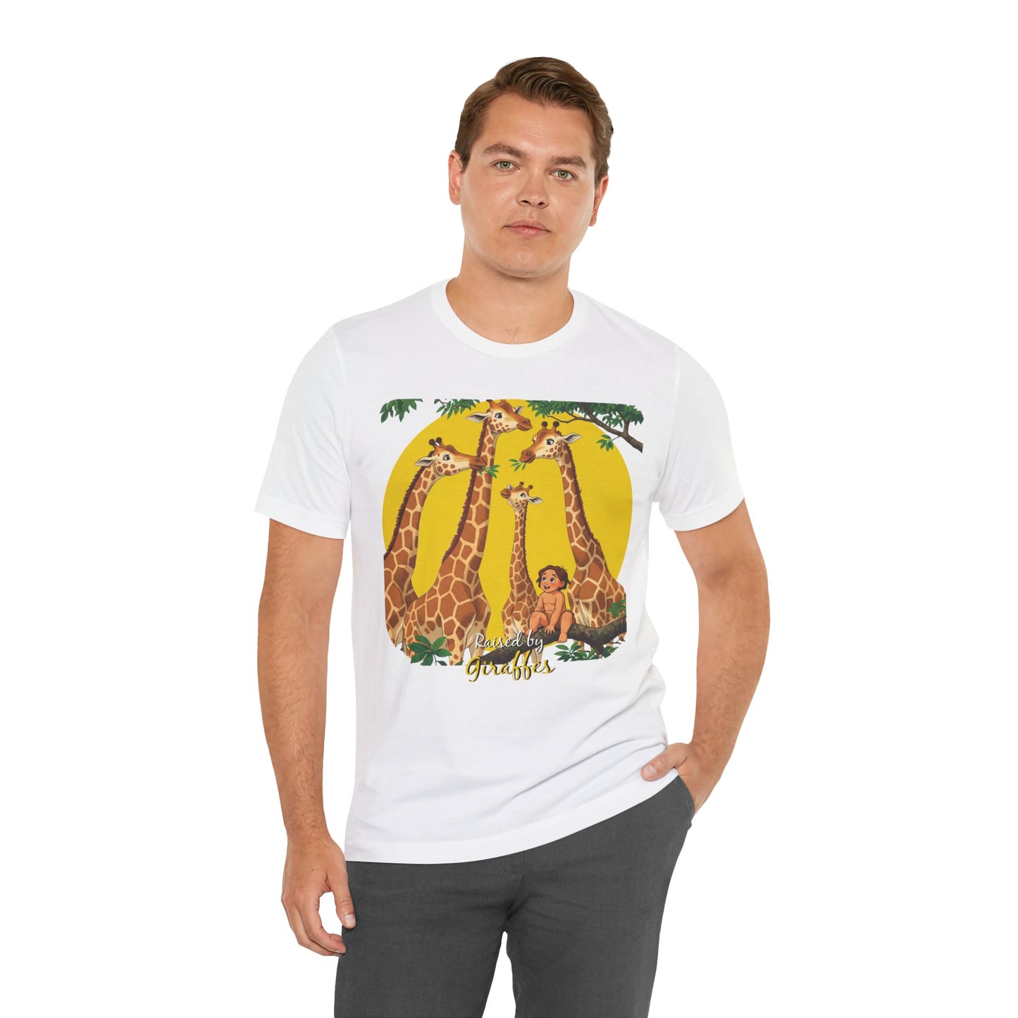 Hilarious Comical 'Raised By Giraffes' Unisex Short Sleeve Tee - Perfect for Animal Lovers (male character version) - Schmartypants