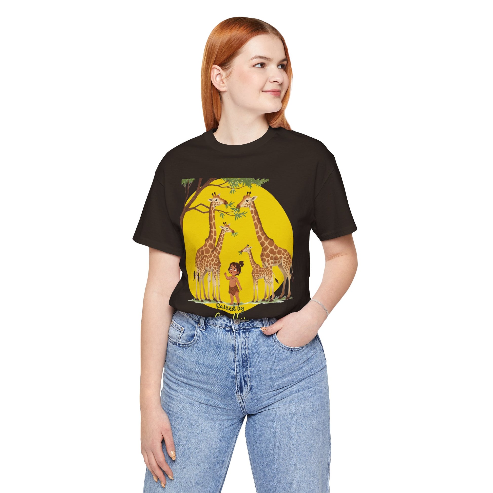 Raised by Giraffes Unisex T-Shirt - Funny Animal Lover Tee - Giraffe Lovers, Wildlife Enthusiasts (Female Character) - Schmartypants