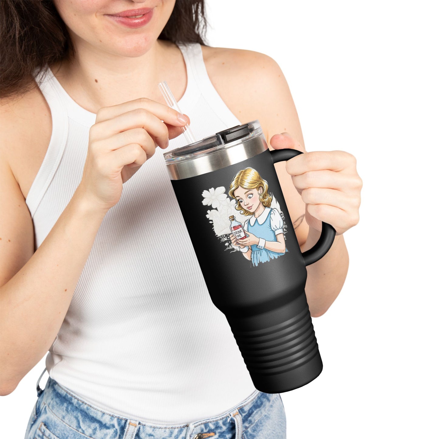 Alice in Wonderland 'Drink Me' Travel Mug, 40oz Insulated Tumbler with 'Go Ask Alice' Side Graphic - Whimsical Gift for Tea Lovers, Literary