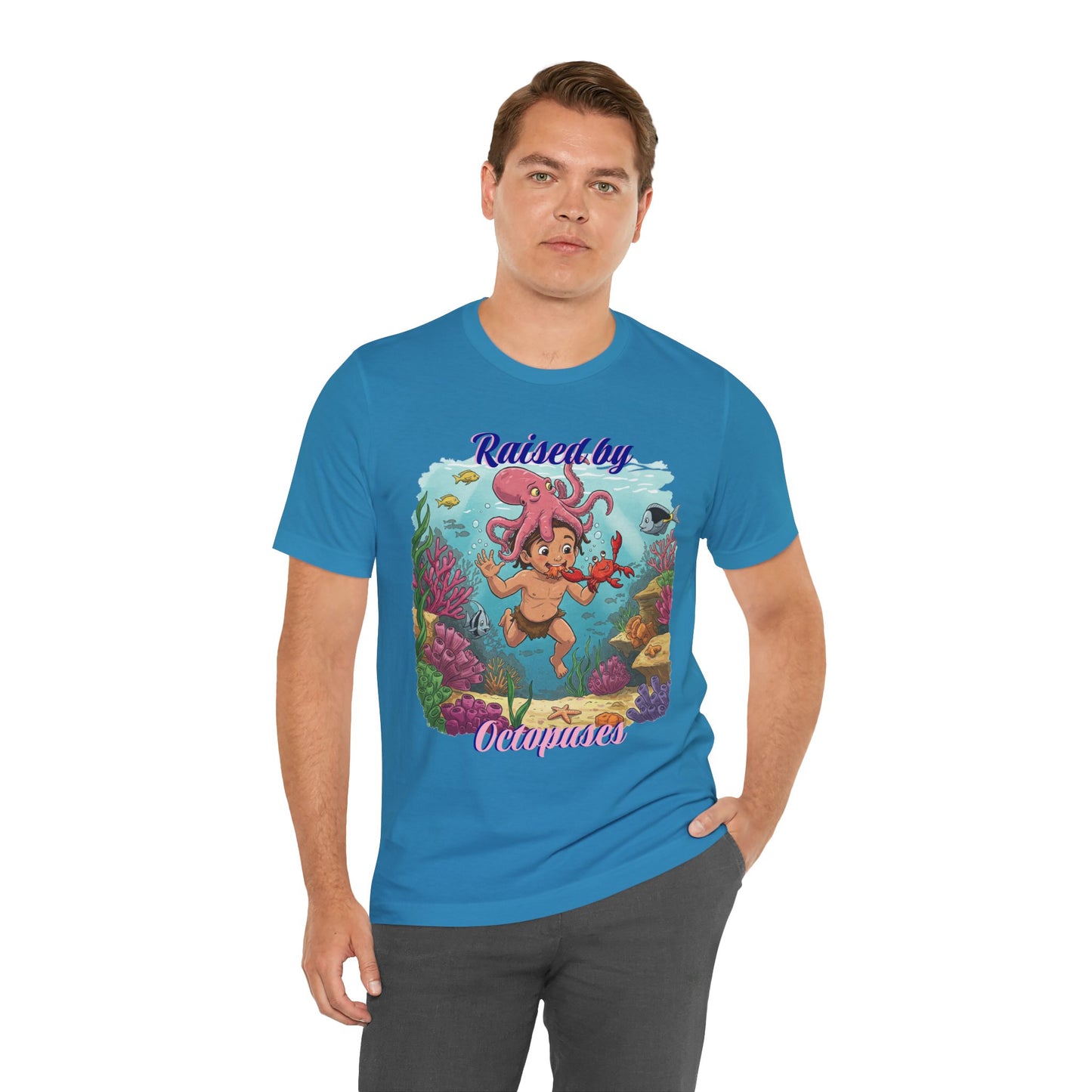 Ocean-Inspired Unisex Tee - Funny "Raised by Octopus", Fun Gift for Marine Lovers, Summer Beachwear, Cute Animal T-Shirt